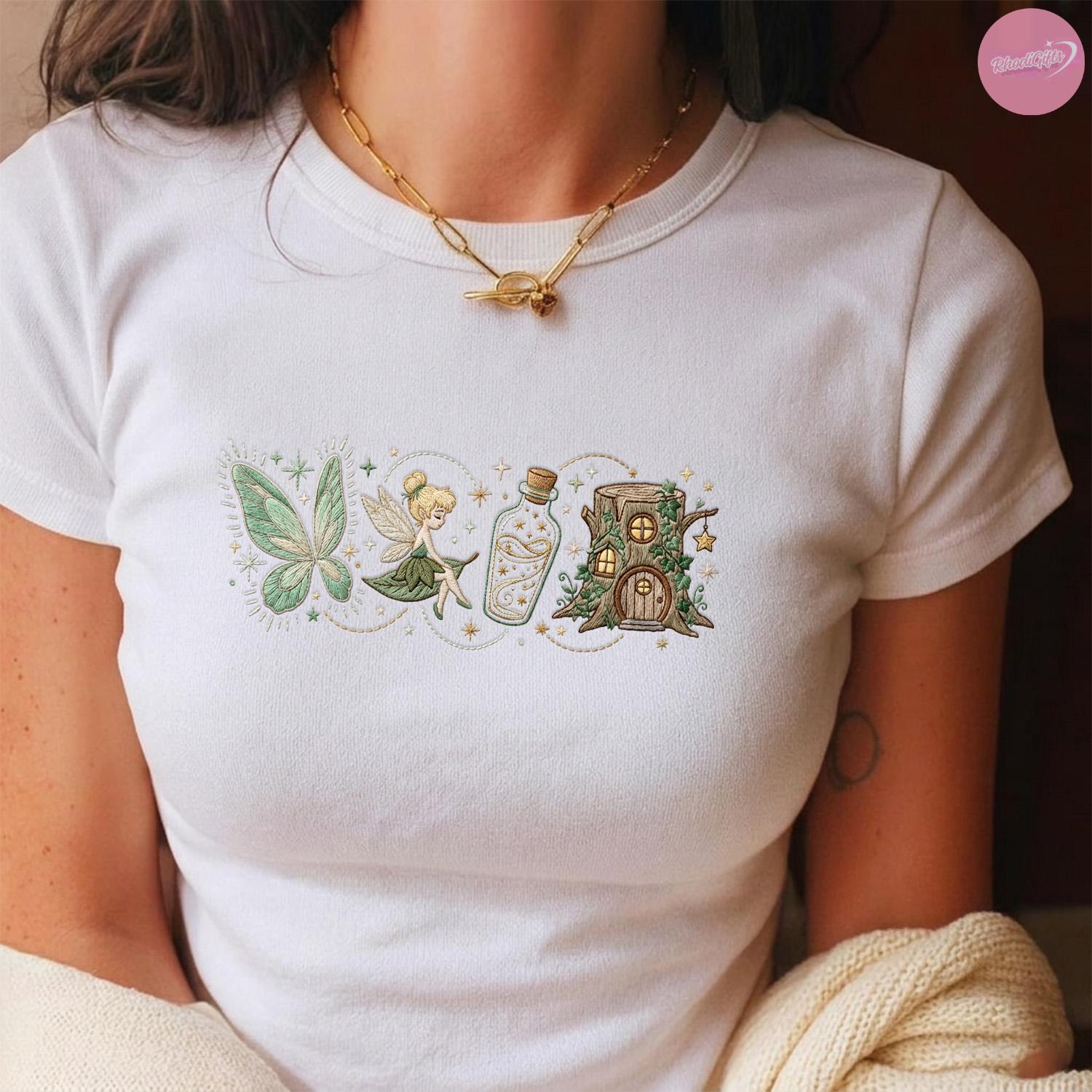Embroidered Vintage Tinker Bell Baby Tee Crop Tank With Neverland Fairy for Disney Princess Magic Kingdom WDW Girls Trip Lace Trim Shirt