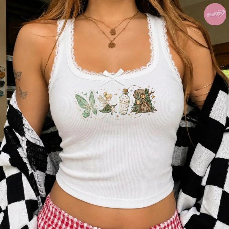 Embroidered Vintage Tinker Bell Baby Tee Crop Tank With Neverland Fairy for Disney Princess Magic Kingdom WDW Girls Trip Lace Trim Shirt - photo 2