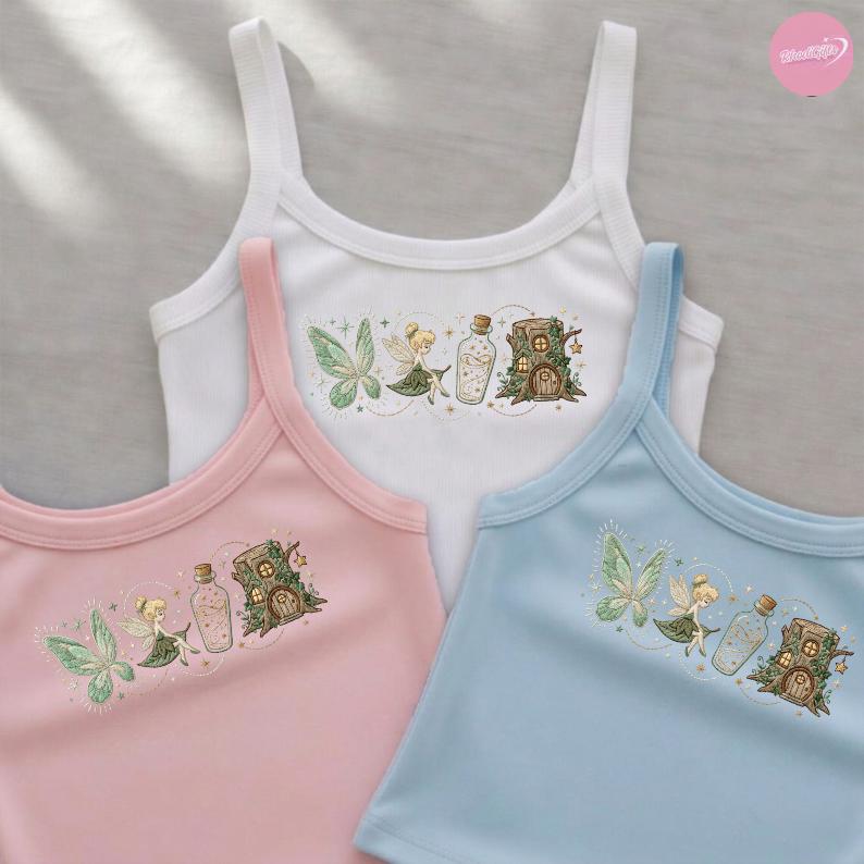 Embroidered Vintage Tinker Bell Baby Tee Crop Tank With Neverland Fairy for Disney Princess Magic Kingdom WDW Girls Trip Lace Trim Shirt - photo 4