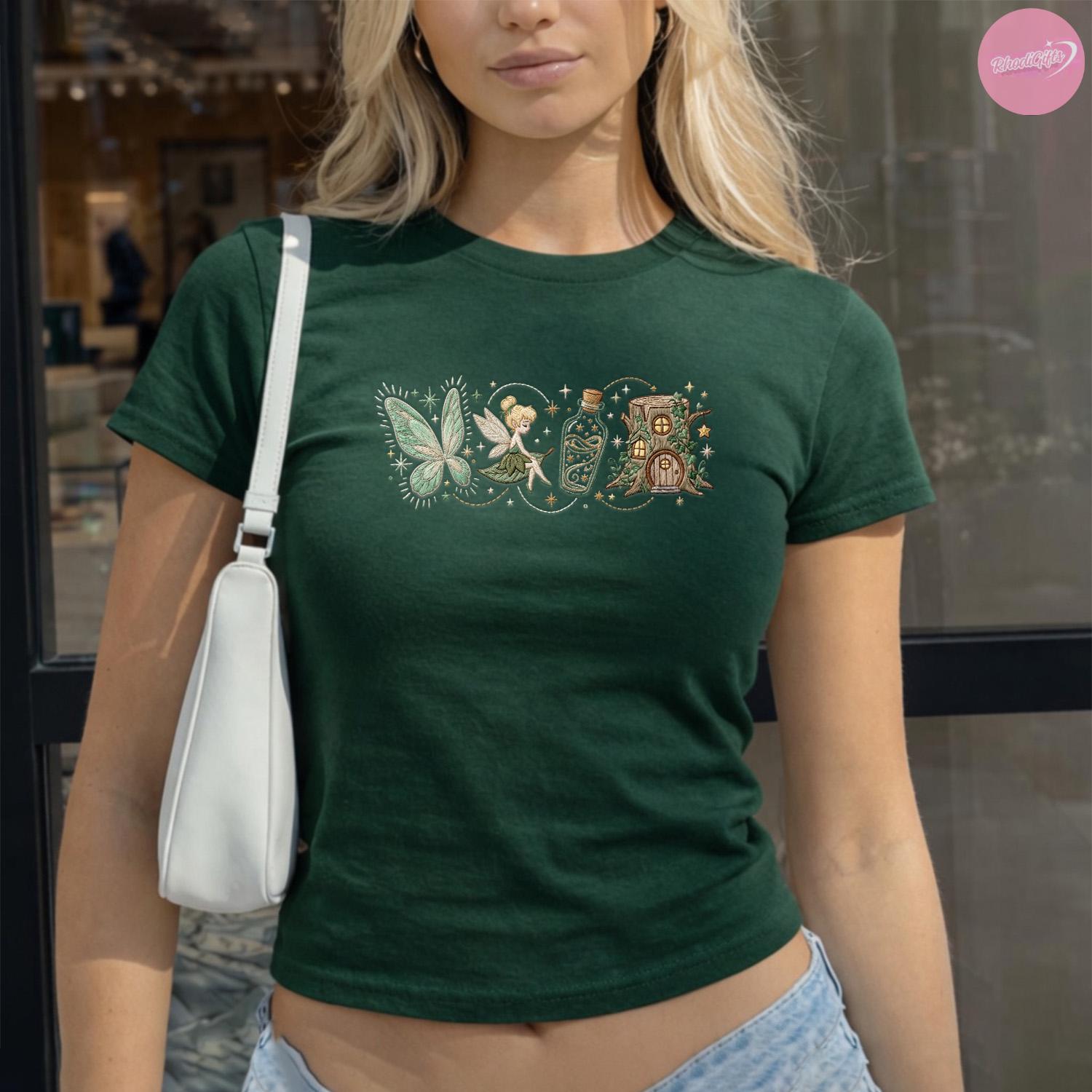 Embroidered Vintage Tinker Bell Baby Tee Crop Tank With Neverland Fairy for Disney Princess Magic Kingdom WDW Girls Trip Lace Trim Shirt - photo 5
