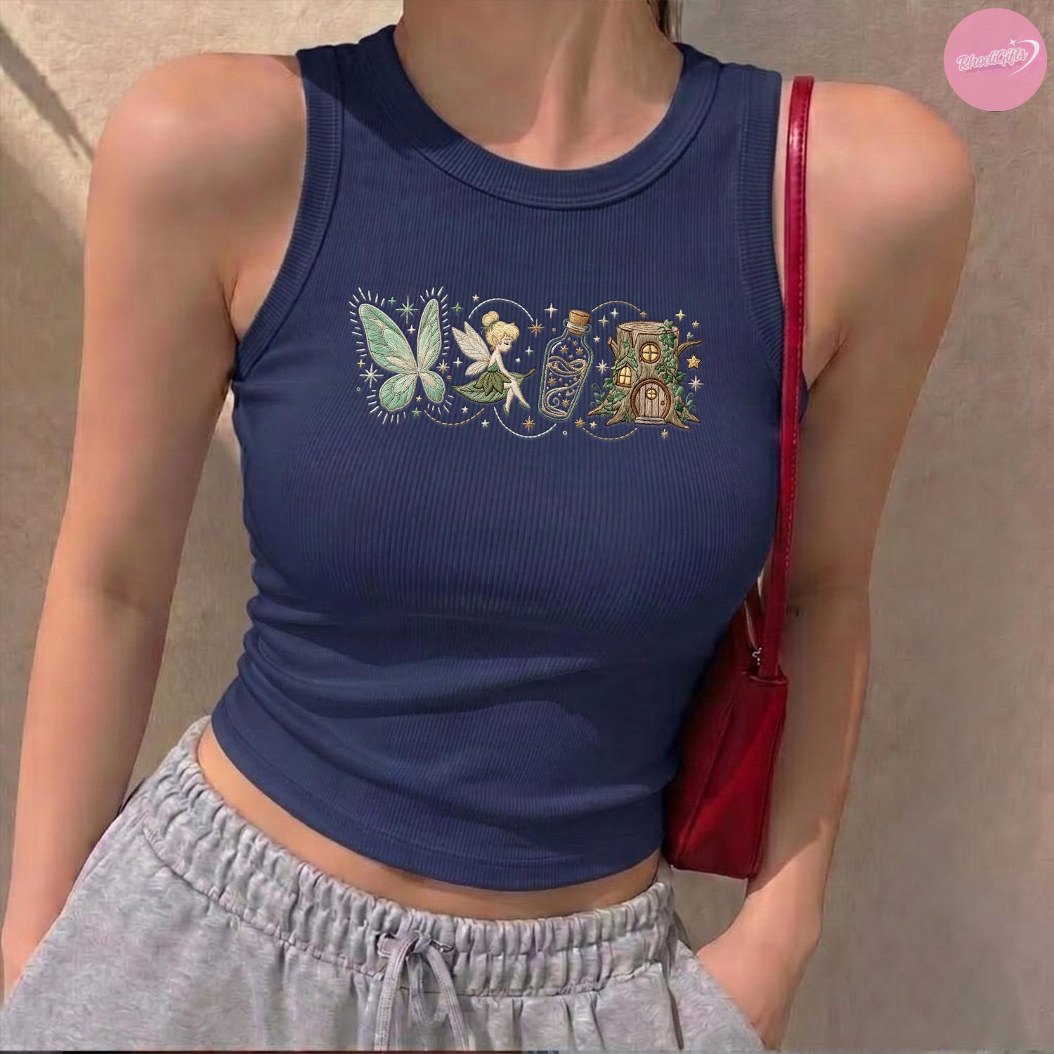 Embroidered Vintage Tinker Bell Baby Tee Crop Tank With Neverland Fairy for Disney Princess Magic Kingdom WDW Girls Trip Lace Trim Shirt - photo 6