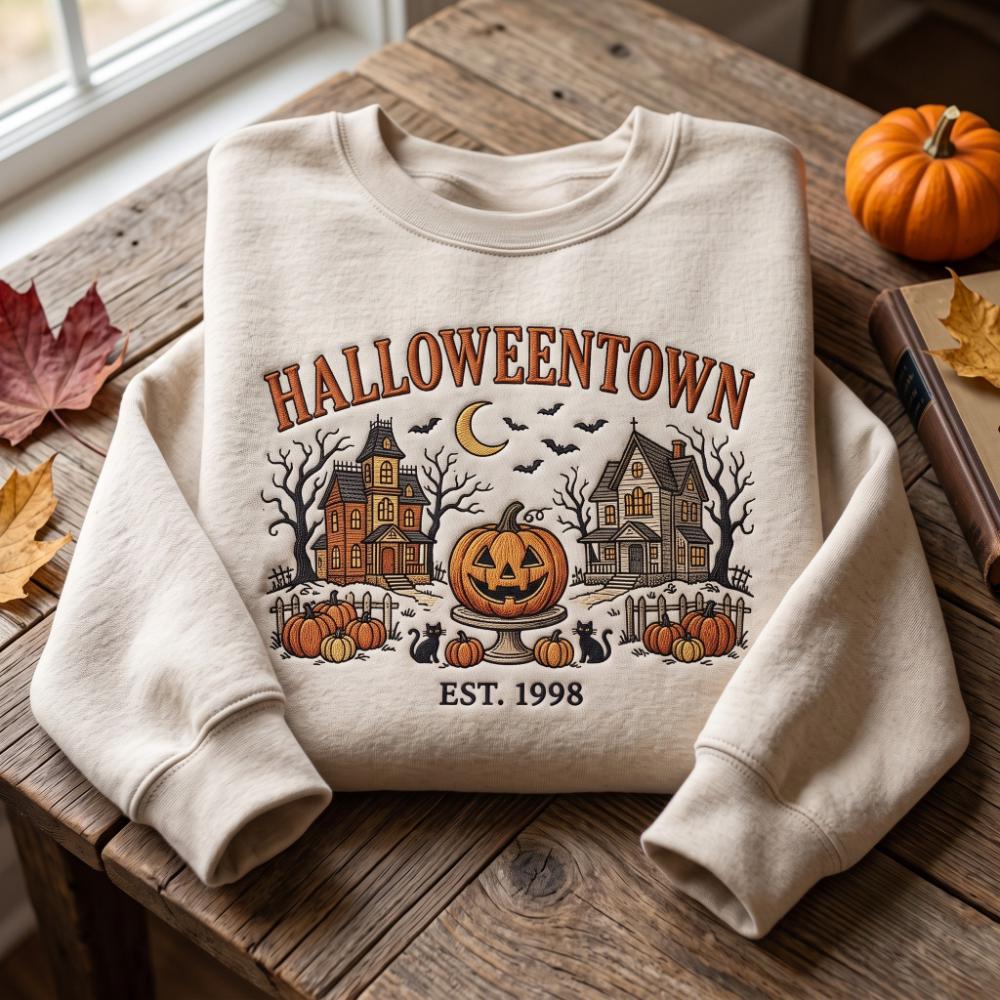 Embroidered Halloweentown Sweatshirt and Spooky Village Shirt with Haunted House, Pumpkin, Fall Halloween Gift
