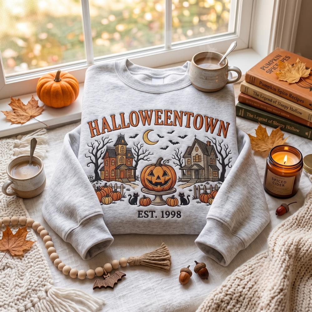 Embroidered Halloweentown Sweatshirt and Spooky Village Shirt with Haunted House, Pumpkin, Fall Halloween Gift - photo 2