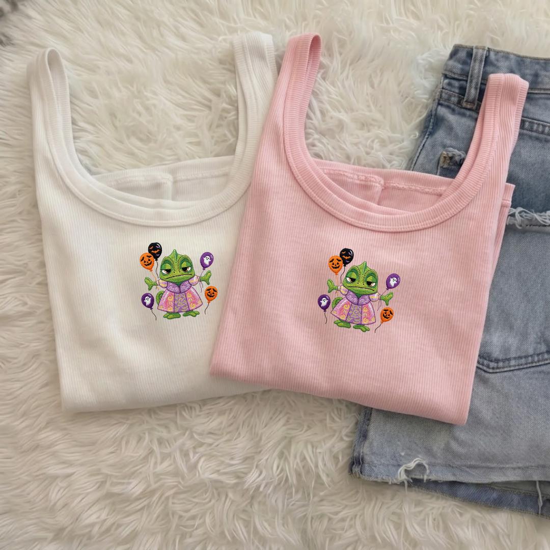 Embroidered Rapunzel and Pascal Tangled Halloween Pumpkin Tank Top, Disney Princess Crop Tank for Spooky Season Gift