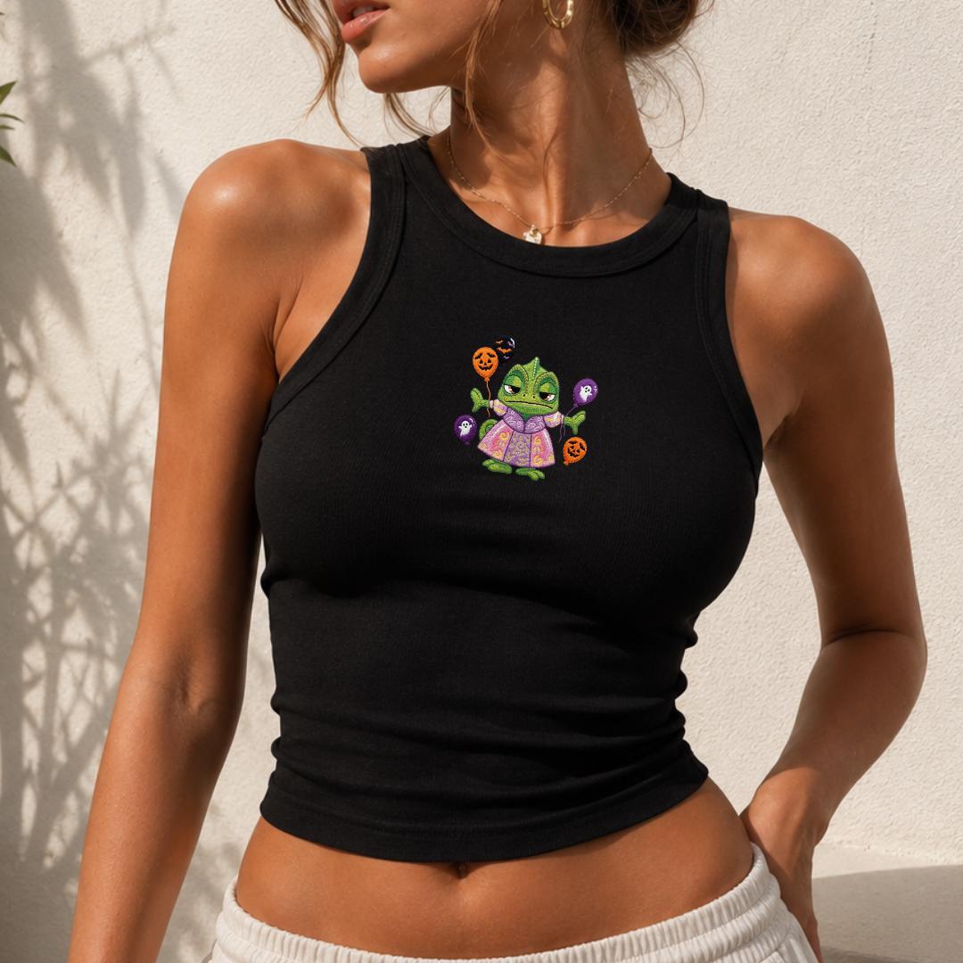 Embroidered Rapunzel and Pascal Tangled Halloween Pumpkin Tank Top, Disney Princess Crop Tank for Spooky Season Gift - photo 2