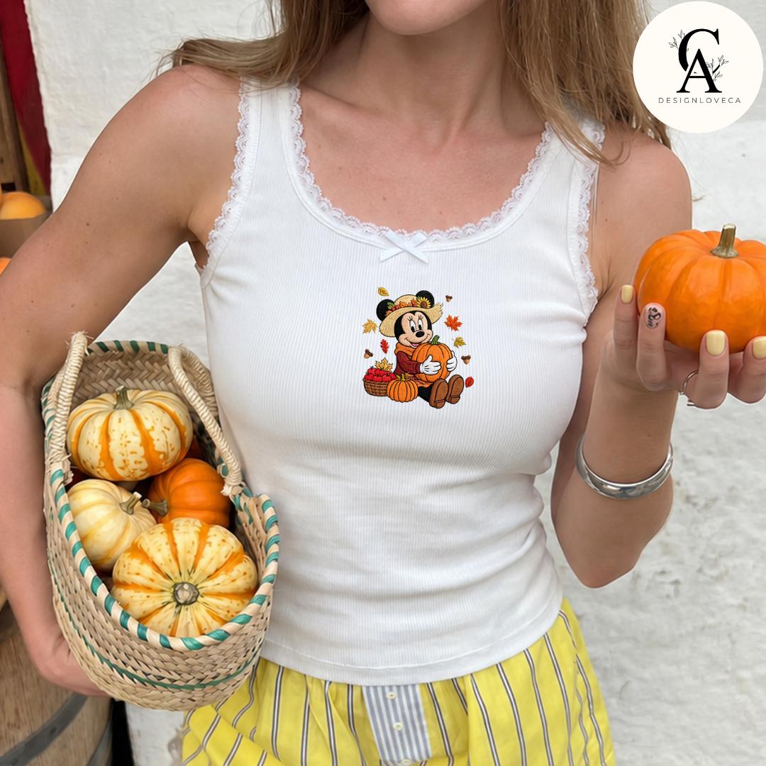 Embroidered All Characters Pumpkin Disney Fall Vibes Baby Tee Crop Lace Trim Tank and Halloween Sweatshirt for Thanksgiving
