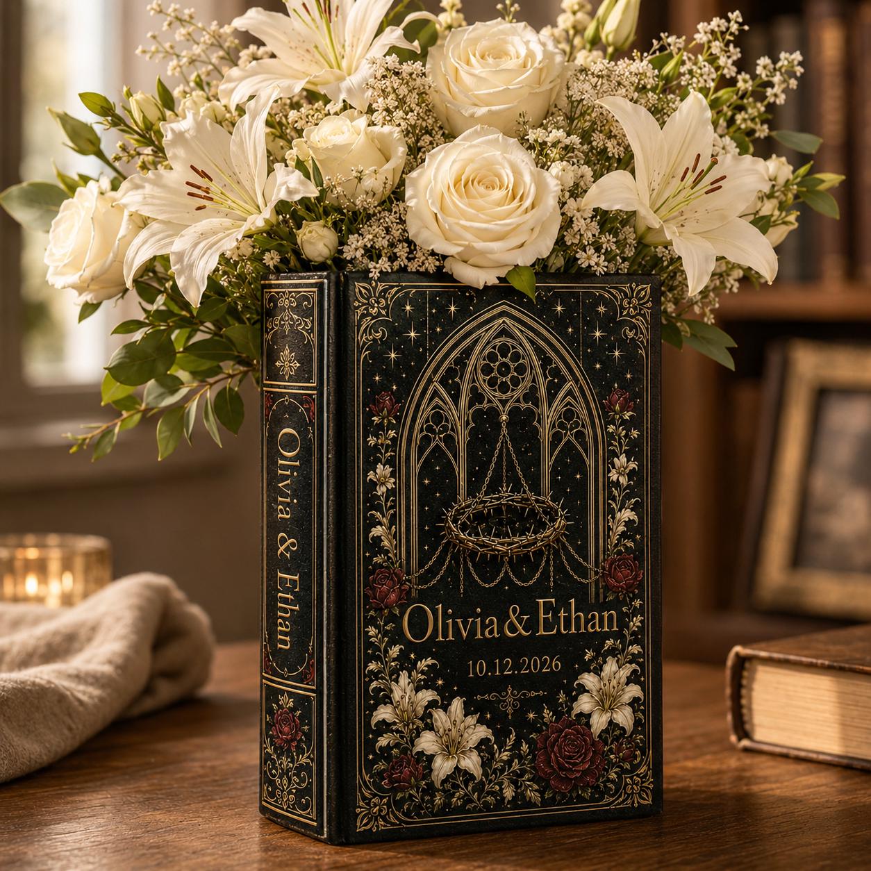 Custom Wedding Book Vase, Personalized Couple Name Flower Vase, Gothic Floral Ceramic Decor and Gift for Bride