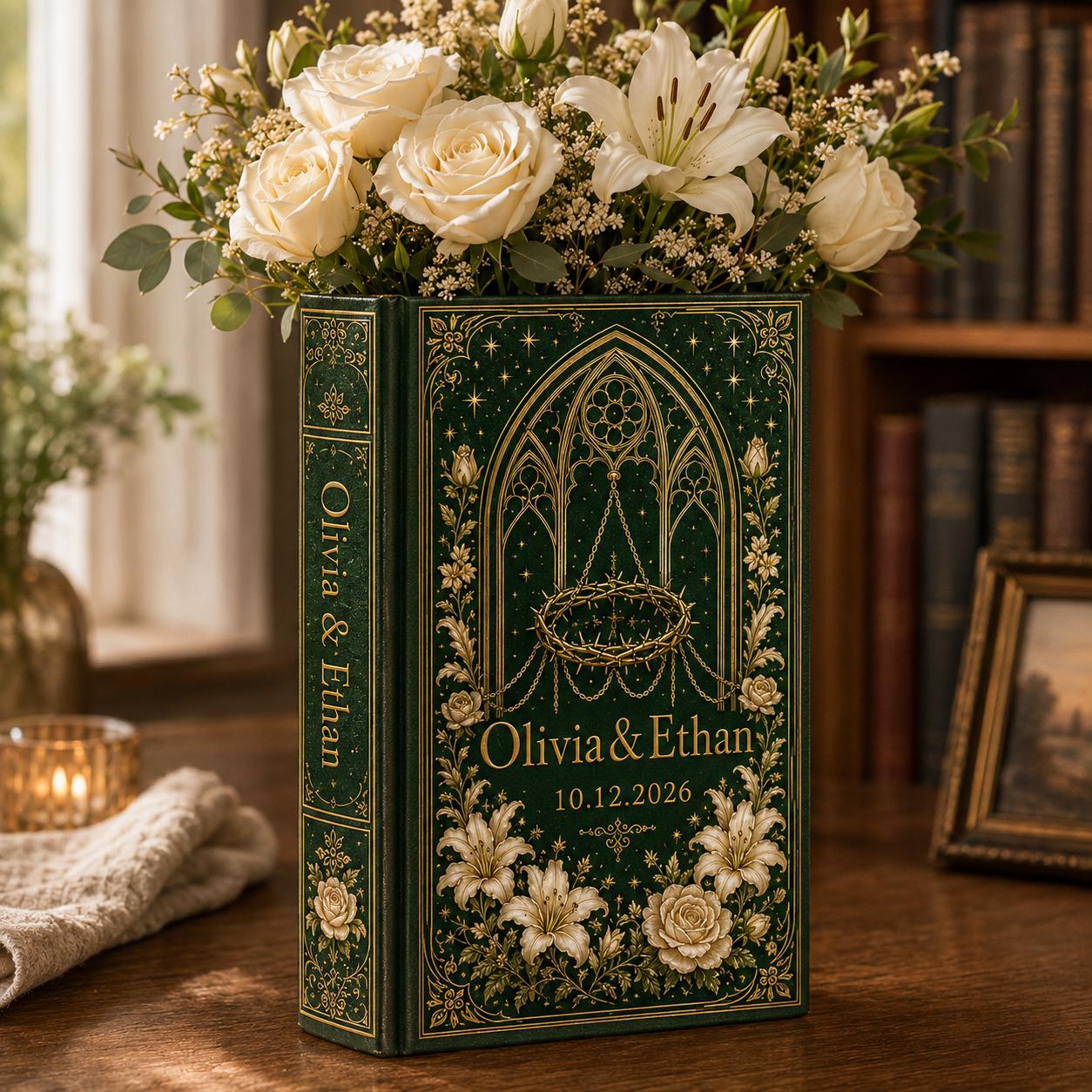 Custom Wedding Book Vase, Personalized Couple Name Flower Vase, Gothic Floral Ceramic Decor and Gift for Bride - photo 2