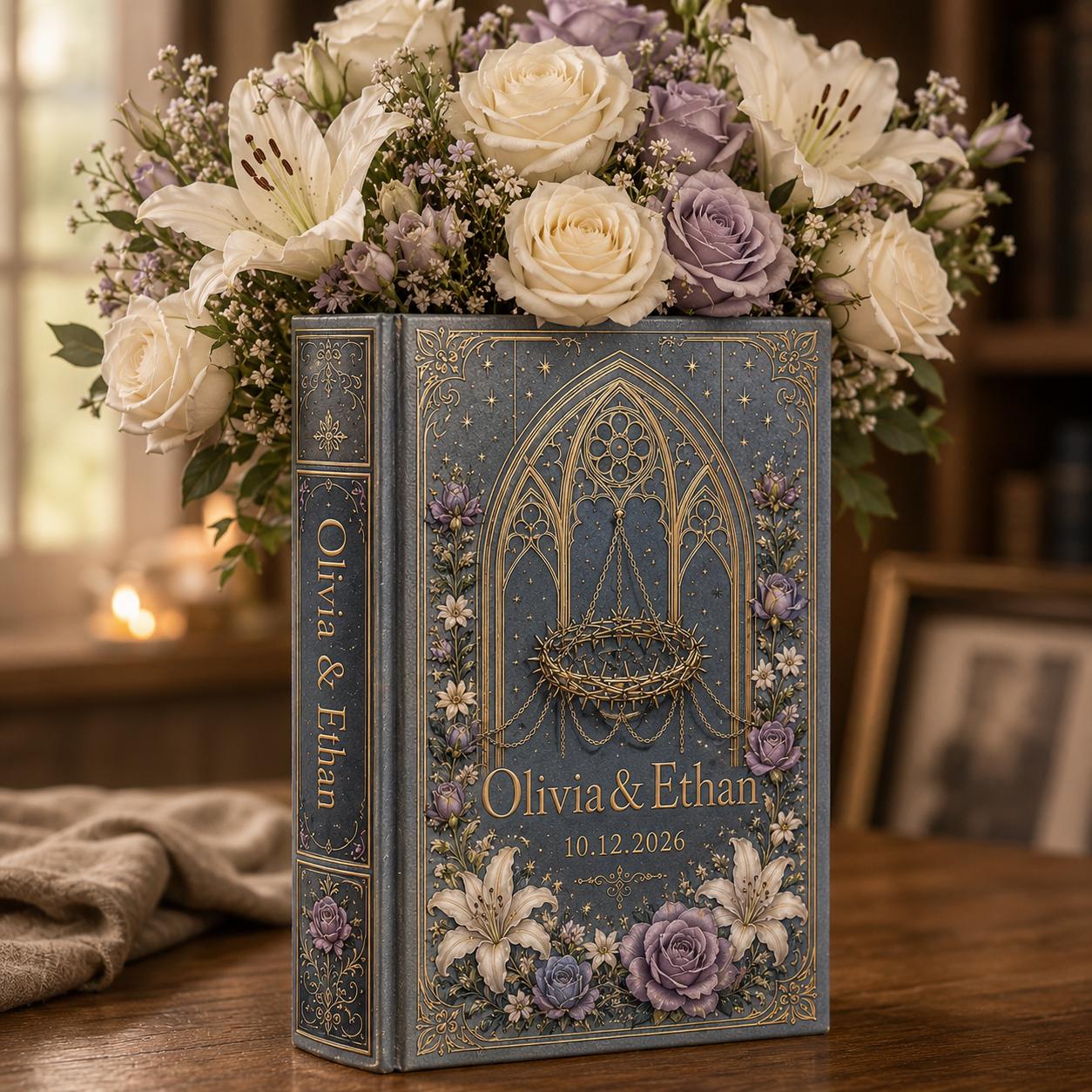 Custom Wedding Book Vase, Personalized Couple Name Flower Vase, Gothic Floral Ceramic Decor and Gift for Bride - photo 3