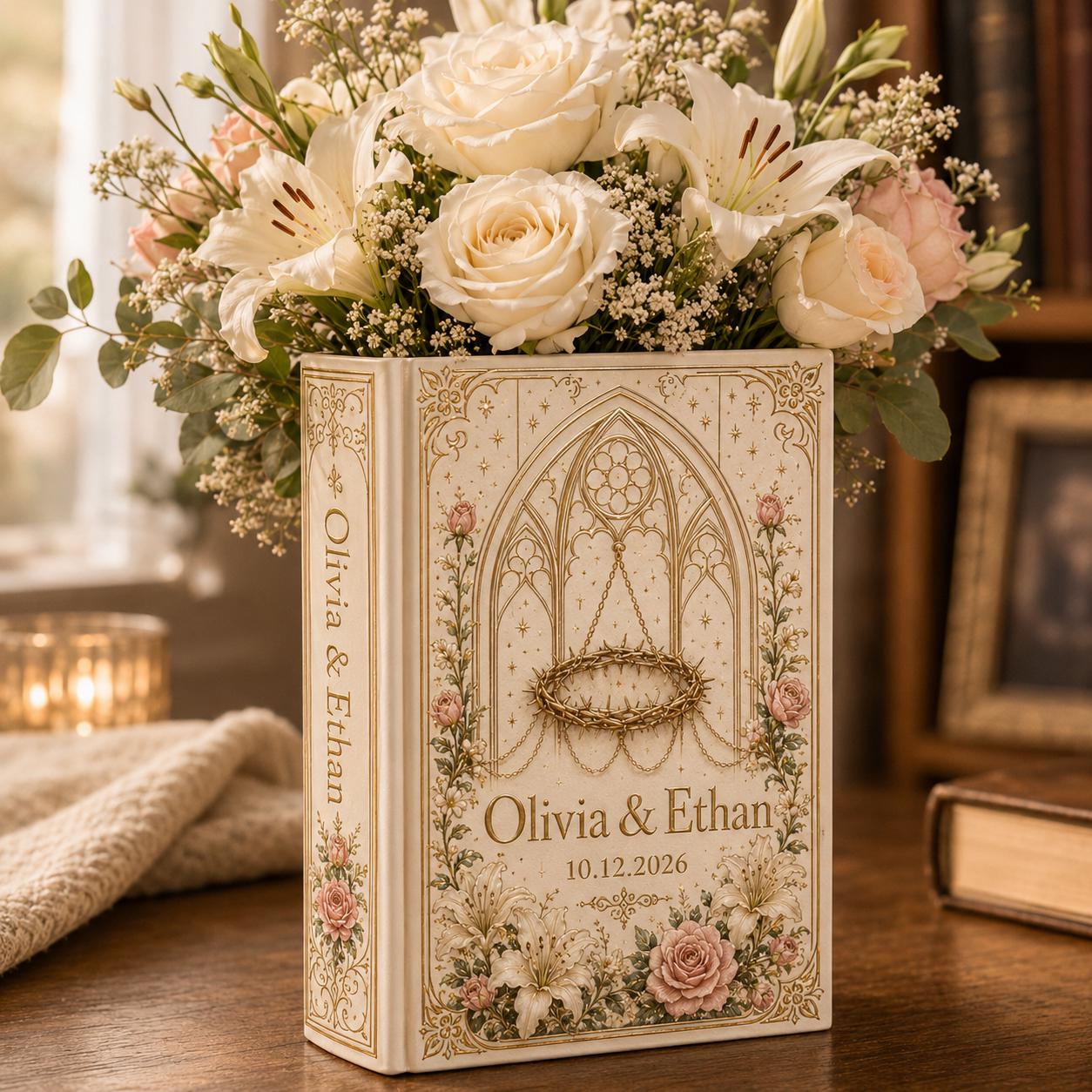 Custom Wedding Book Vase, Personalized Couple Name Flower Vase, Gothic Floral Ceramic Decor and Gift for Bride - photo 4