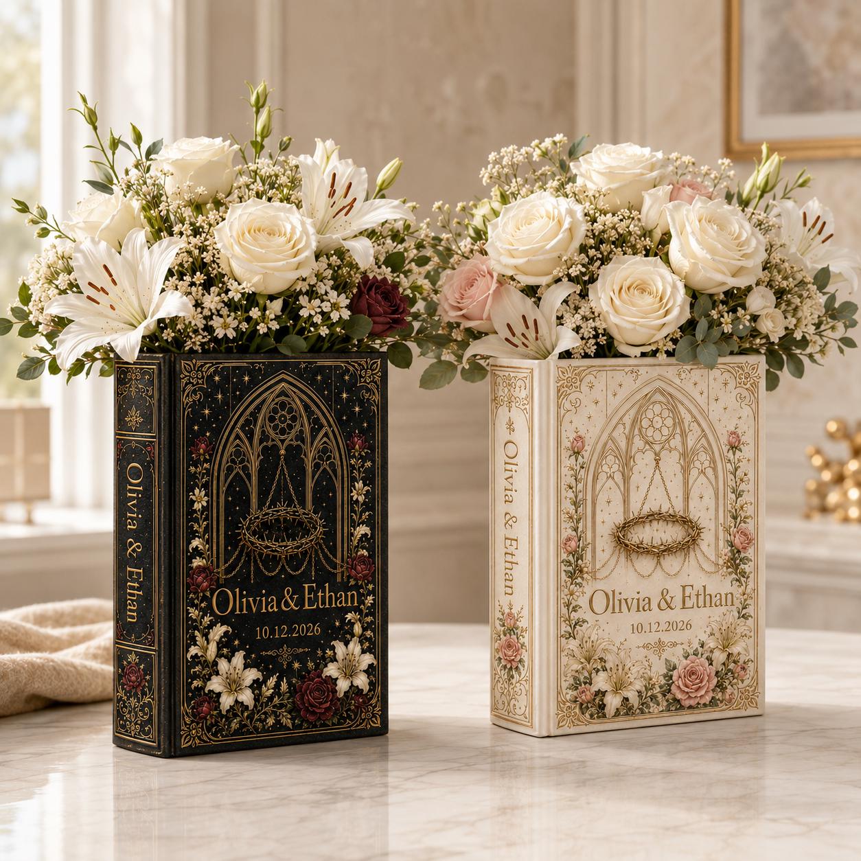 Custom Wedding Book Vase, Personalized Couple Name Flower Vase, Gothic Floral Ceramic Decor and Gift for Bride - photo 9