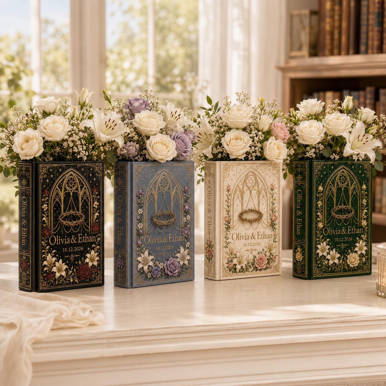 Custom Wedding Book Vase, Personalized Couple Name Flower Vase, Gothic Floral Ceramic Decor and Gift for Bride - photo 10
