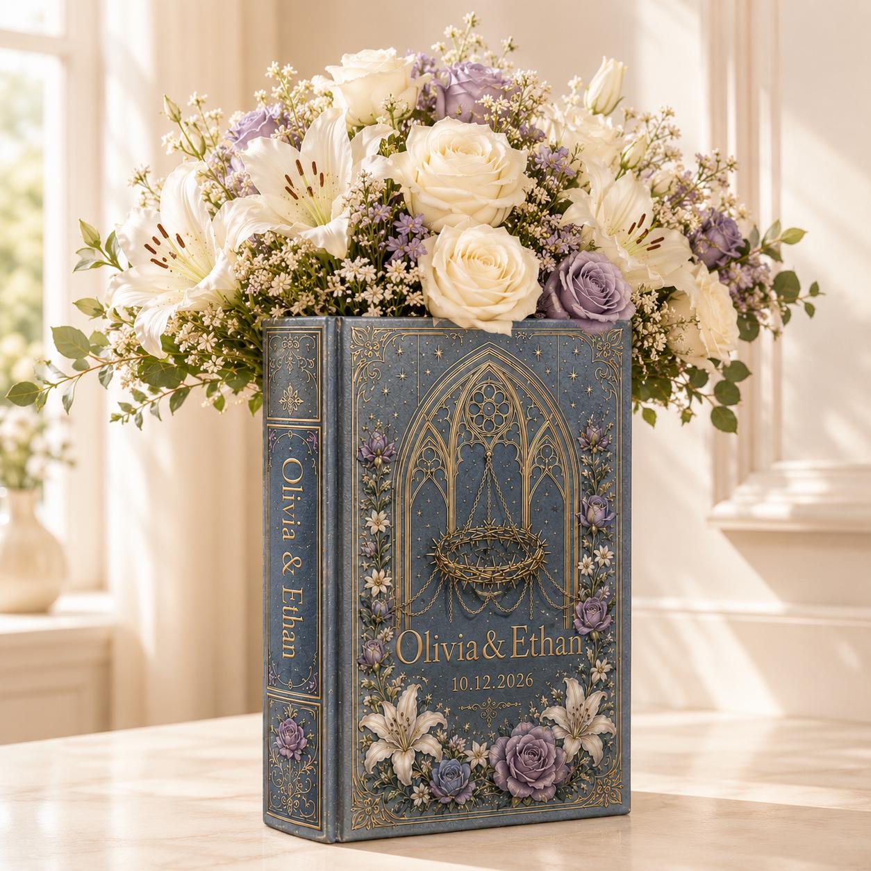 Custom Wedding Book Vase, Personalized Couple Name Flower Vase, Gothic Floral Ceramic Decor and Gift for Bride - photo 11