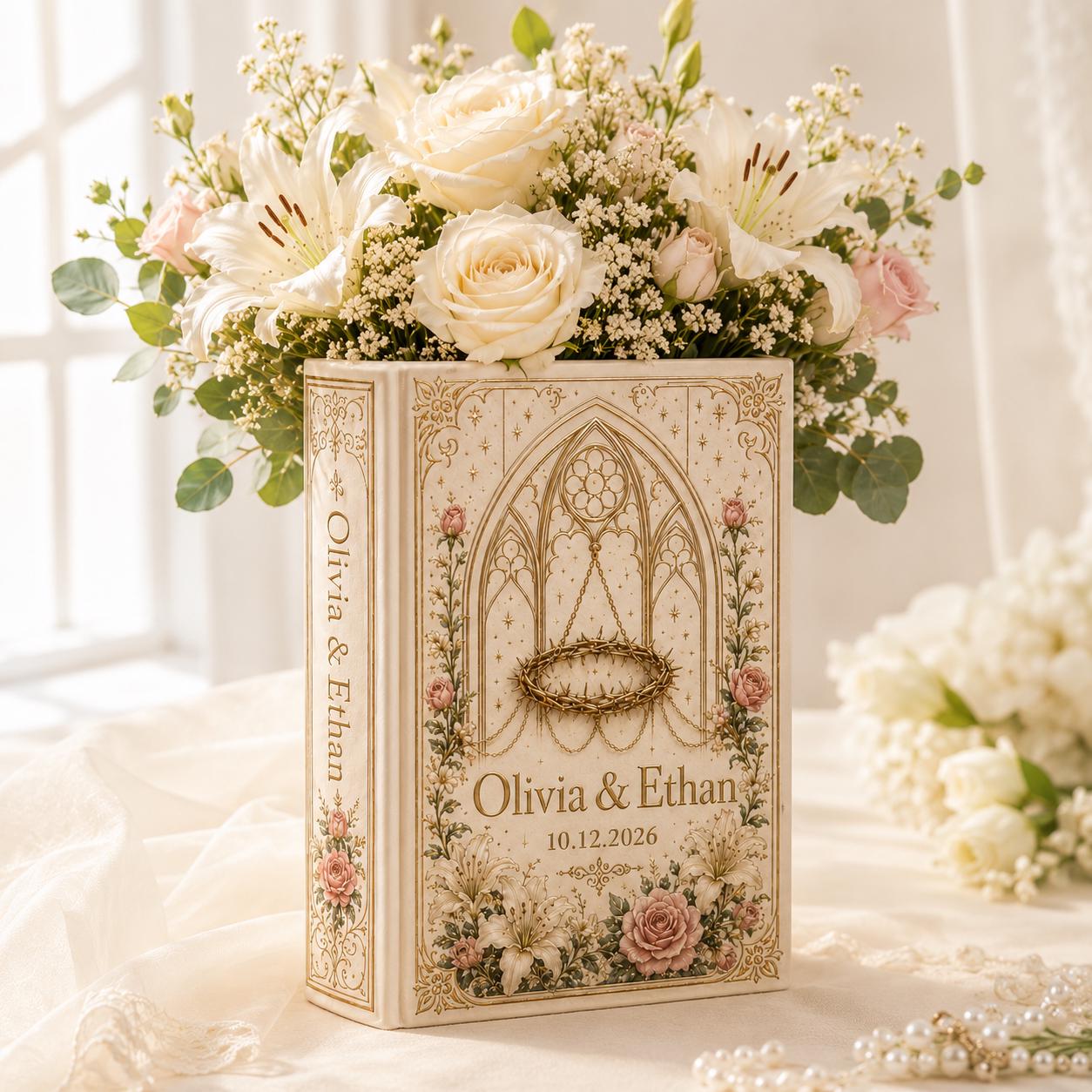 Custom Wedding Book Vase, Personalized Couple Name Flower Vase, Gothic Floral Ceramic Decor and Gift for Bride - photo 12
