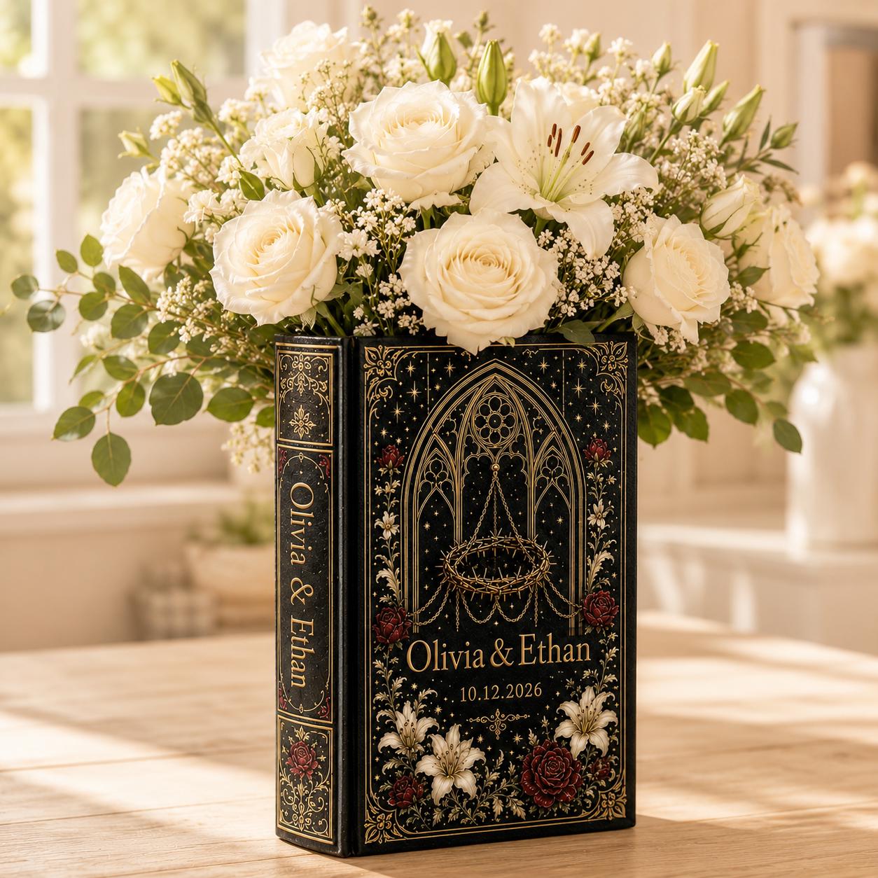 Custom Wedding Book Vase, Personalized Couple Name Flower Vase, Gothic Floral Ceramic Decor and Gift for Bride - photo 13