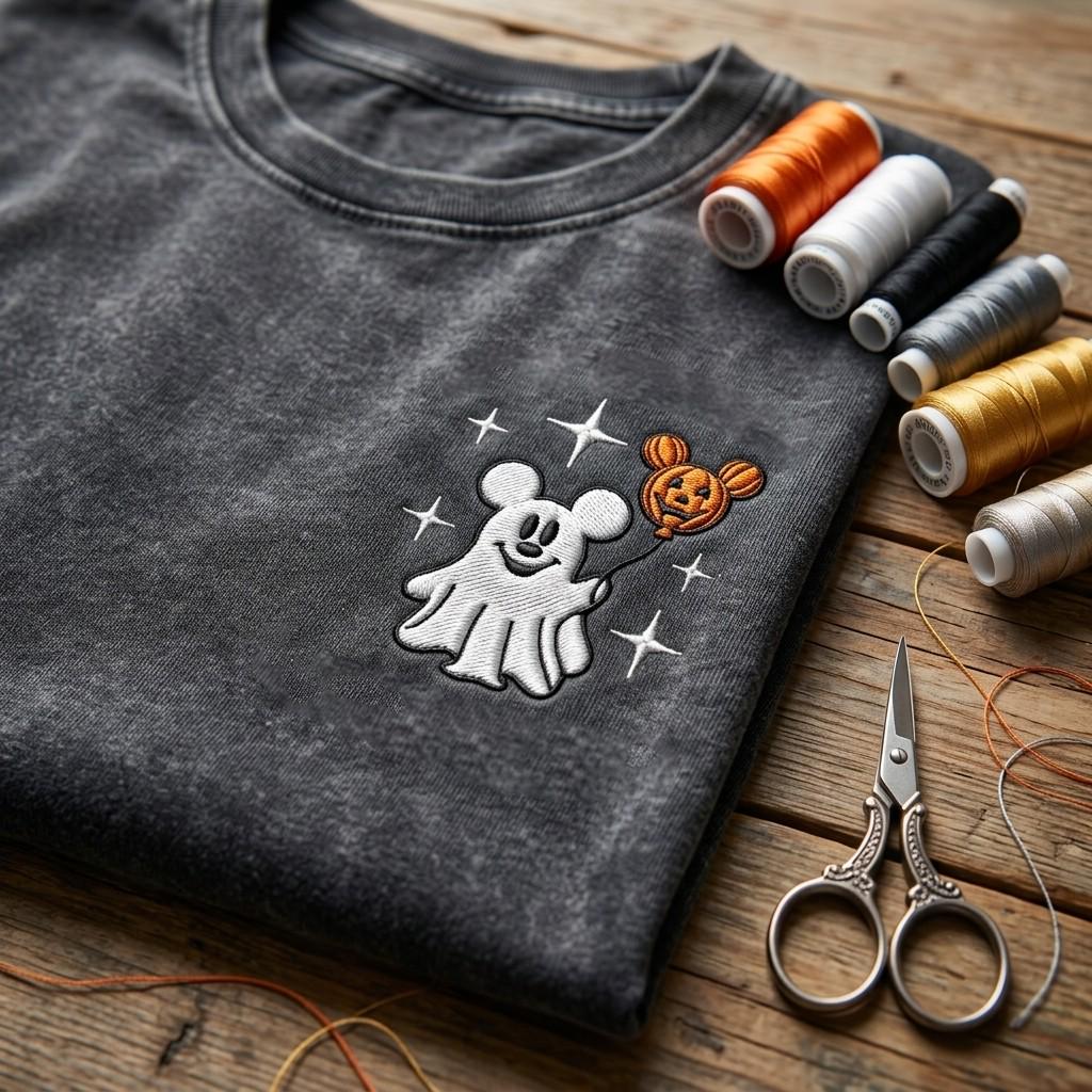 Embroidered Disney Halloween Ghost Mickey Balloon Washed Tee With Cute Spooky Pumpkin for Vintage Disneyland Vacation Shirt