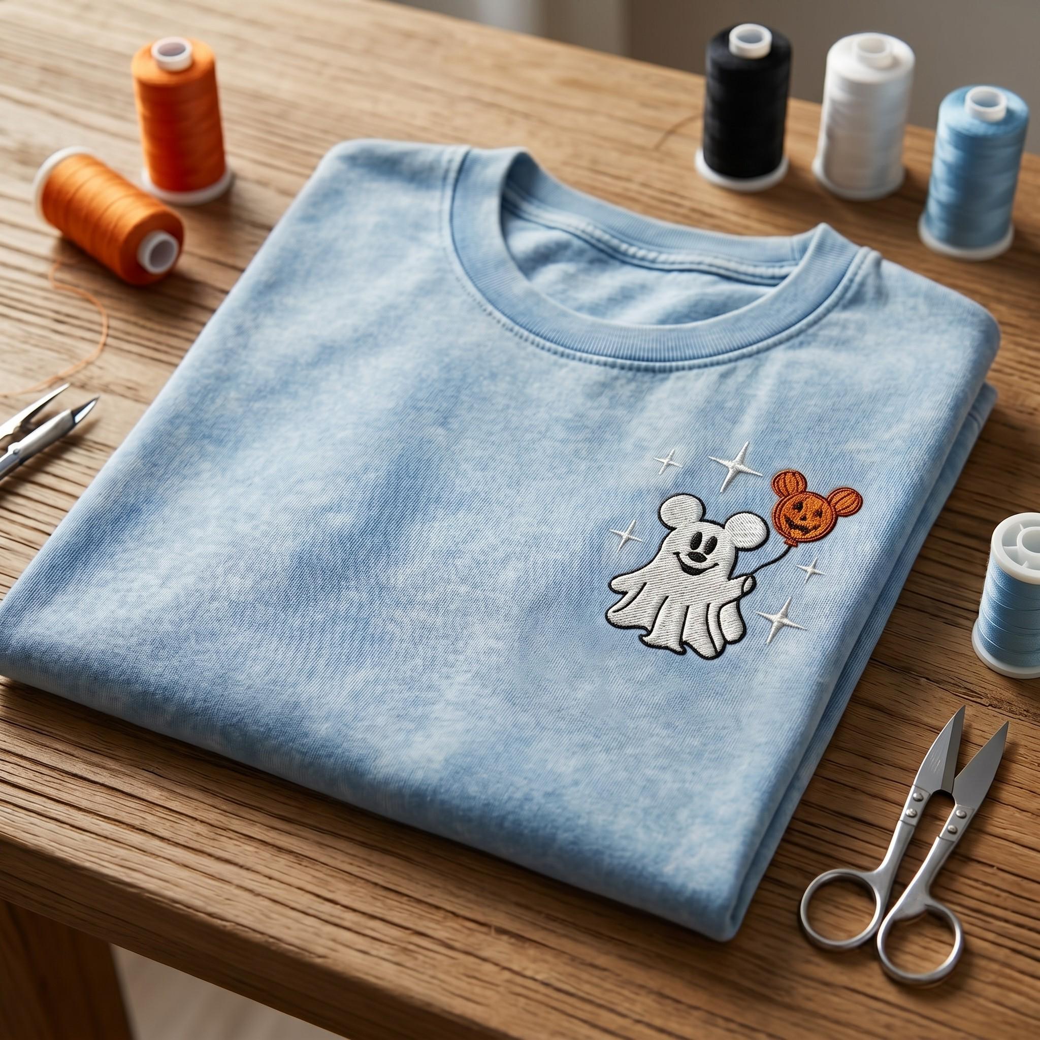 Embroidered Disney Halloween Ghost Mickey Balloon Washed Tee With Cute Spooky Pumpkin for Vintage Disneyland Vacation Shirt - photo 2