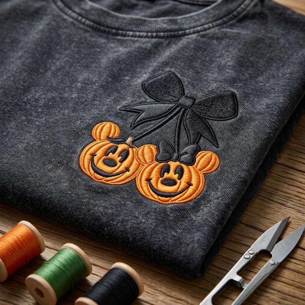 Embroidered Disney Mickey Minnie Pumpkin Cherry Washed Tee for Vintage Disneyland Halloween Outfit and Spooky Cute Fall Holiday Gift Idea
