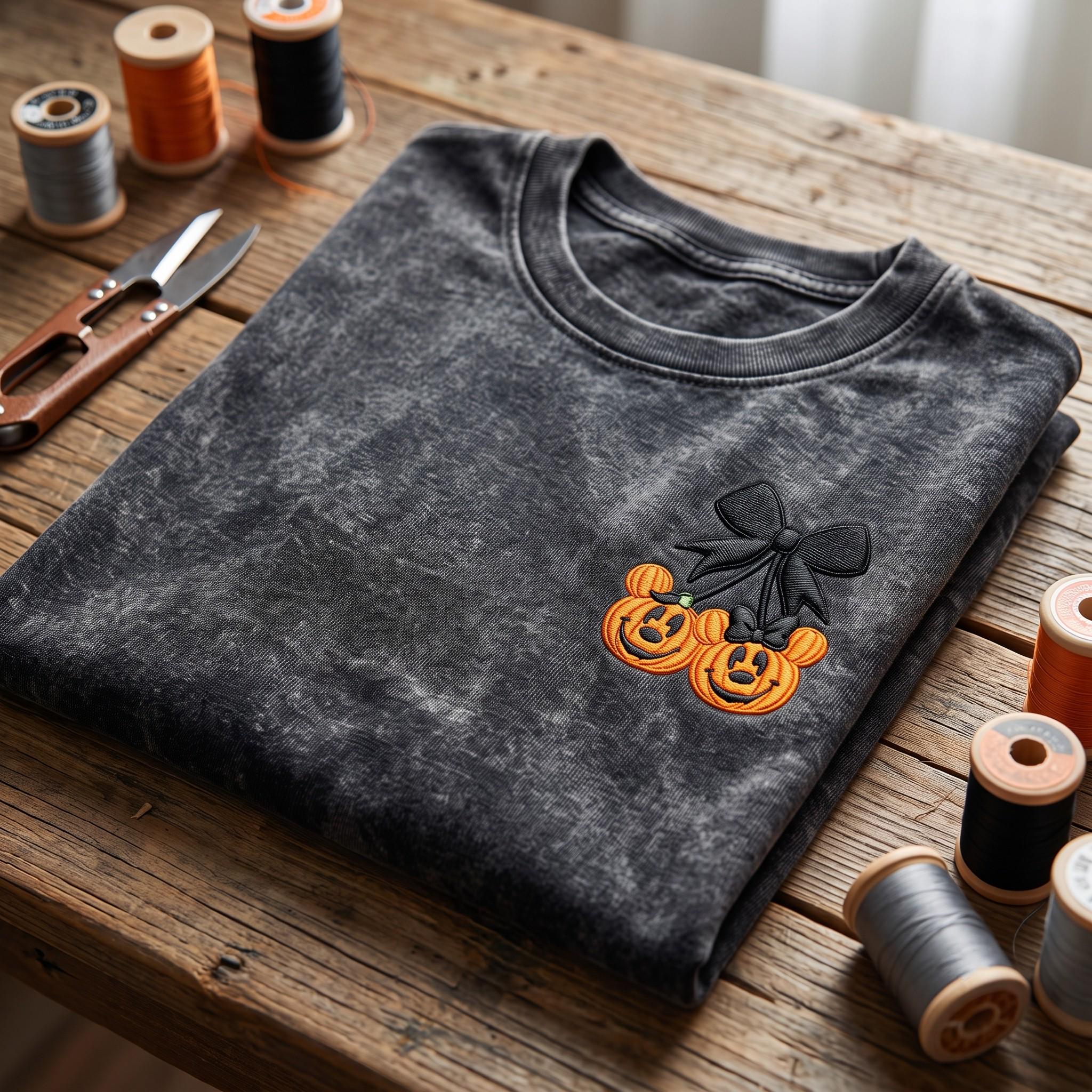 Embroidered Disney Mickey Minnie Pumpkin Cherry Washed Tee for Vintage Disneyland Halloween Outfit and Spooky Cute Fall Holiday Gift Idea - photo 2