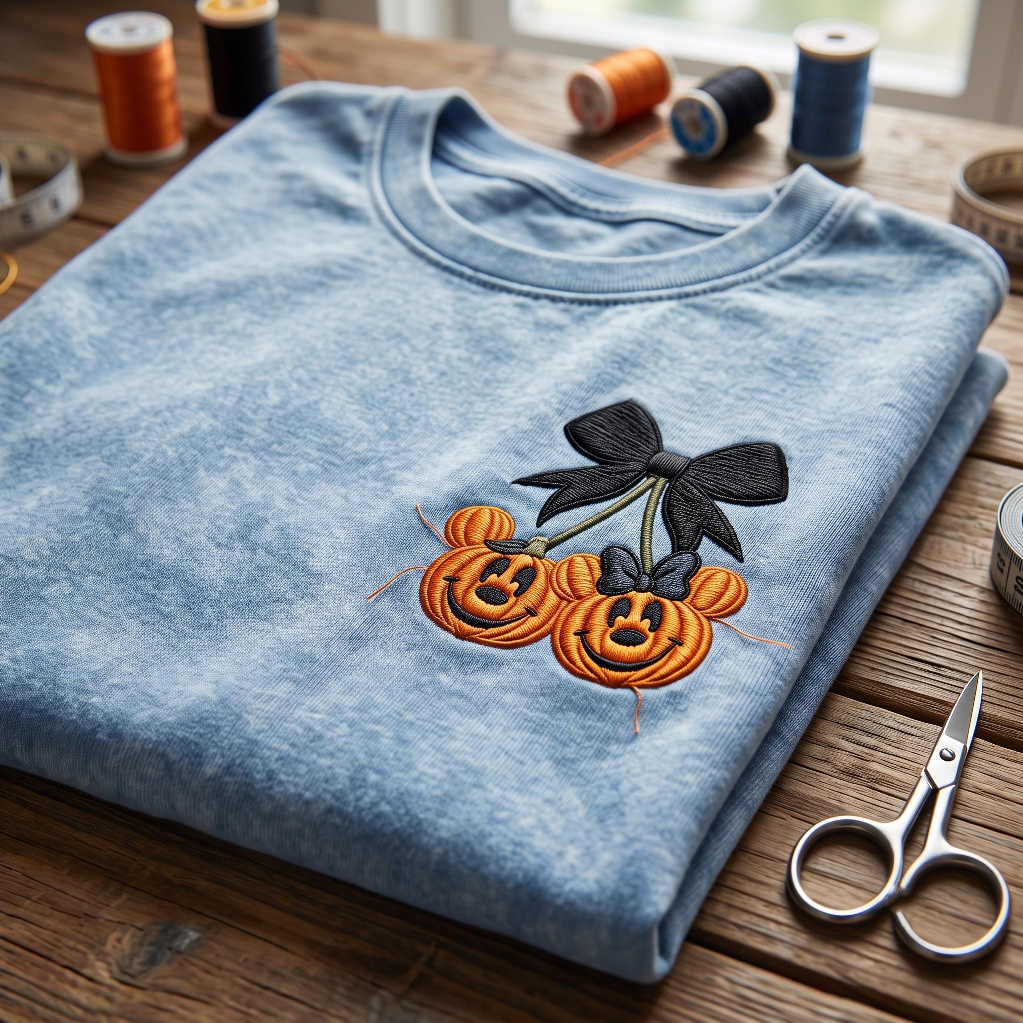 Embroidered Disney Mickey Minnie Pumpkin Cherry Washed Tee for Vintage Disneyland Halloween Outfit and Spooky Cute Fall Holiday Gift Idea - photo 6
