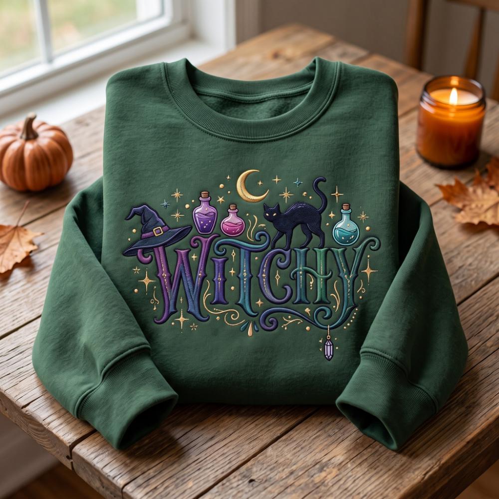Embroidered Halloween Witch Sweatshirt and Tee with Witchy Women Shirt, Witches Vibe Shirts, Spooky Season - photo 3
