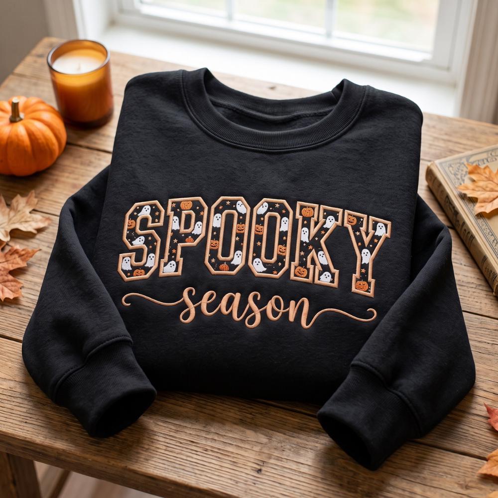 Embroidered Spooky Season Applique Sweatshirt and Tee with Halloween Ghost, Pumpkin Sweater, Trick or Treat, Fall - photo 1