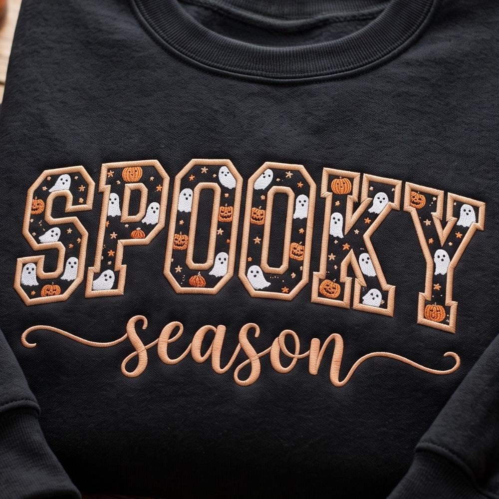 Embroidered Spooky Season Applique Sweatshirt and Tee with Halloween Ghost, Pumpkin Sweater, Trick or Treat, Fall - photo 2