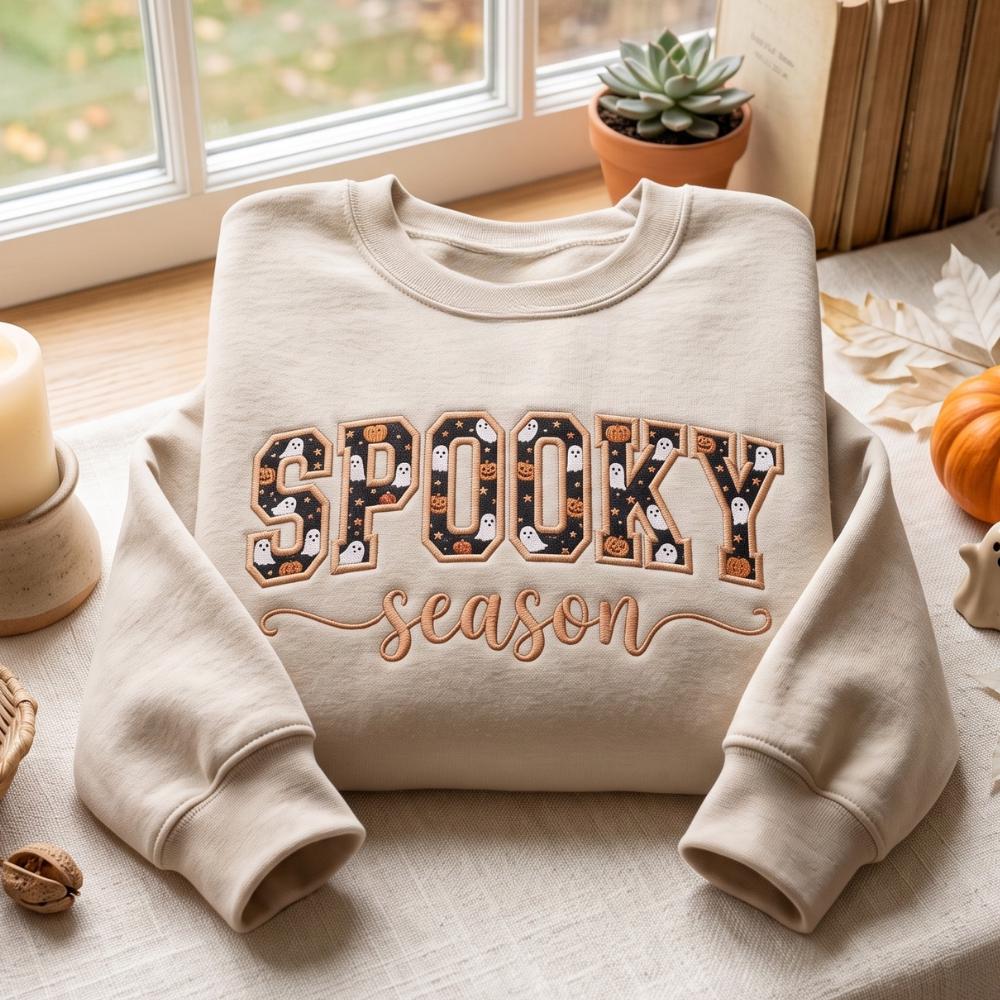 Embroidered Spooky Season Applique Sweatshirt and Tee with Halloween Ghost, Pumpkin Sweater, Trick or Treat, Fall - photo 3