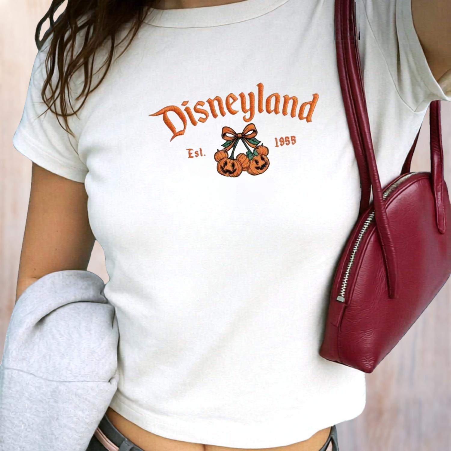 Embroidered Disneyland California Est 1955 Baby Tee With Pumpkin Mickey Minnie for Women's Top, Halloween Shirt Spooky Season Gift - photo 2