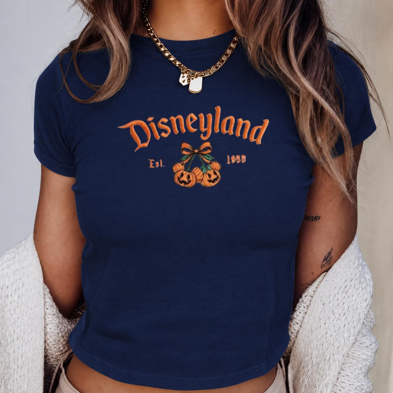 Embroidered Disneyland California Est 1955 Baby Tee With Pumpkin Mickey Minnie for Women's Top, Halloween Shirt Spooky Season Gift - photo 3