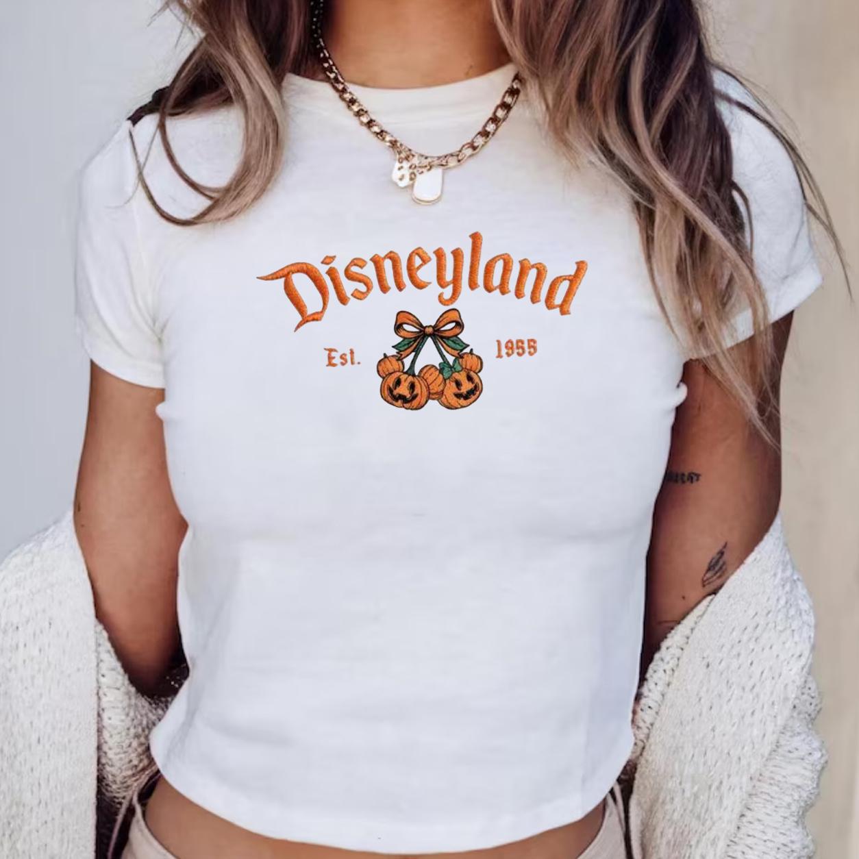 Embroidered Disneyland California Est 1955 Baby Tee With Pumpkin Mickey Minnie for Women's Top, Halloween Shirt Spooky Season Gift - photo 4