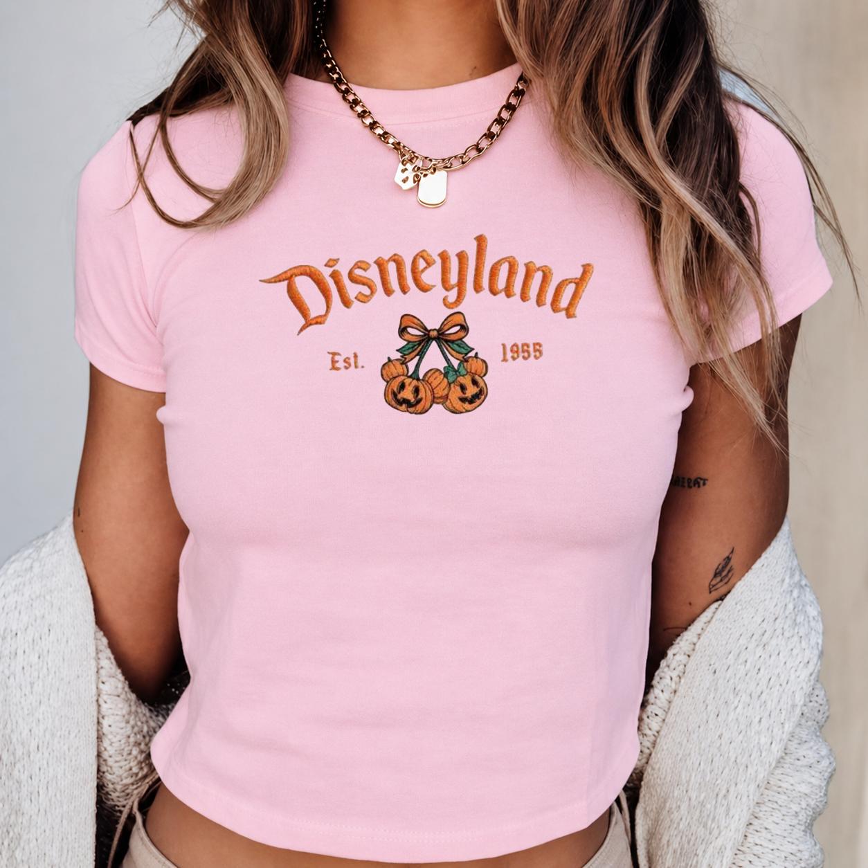 Embroidered Disneyland California Est 1955 Baby Tee With Pumpkin Mickey Minnie for Women's Top, Halloween Shirt Spooky Season Gift - photo 5