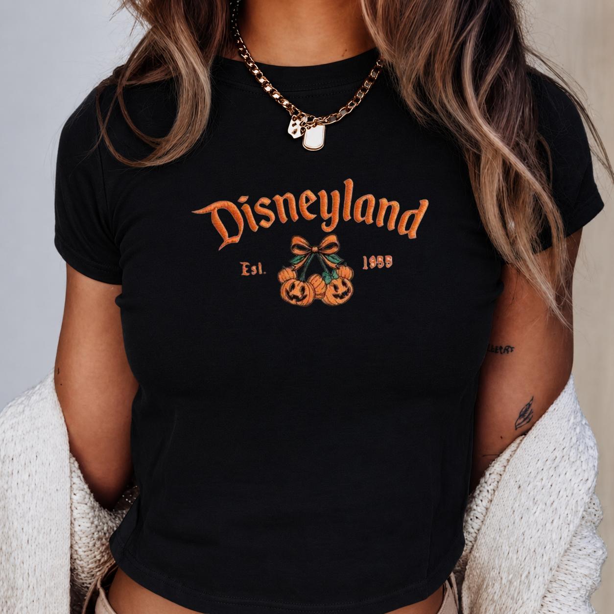 Embroidered Disneyland California Est 1955 Baby Tee With Pumpkin Mickey Minnie for Women's Top, Halloween Shirt Spooky Season Gift - photo 6