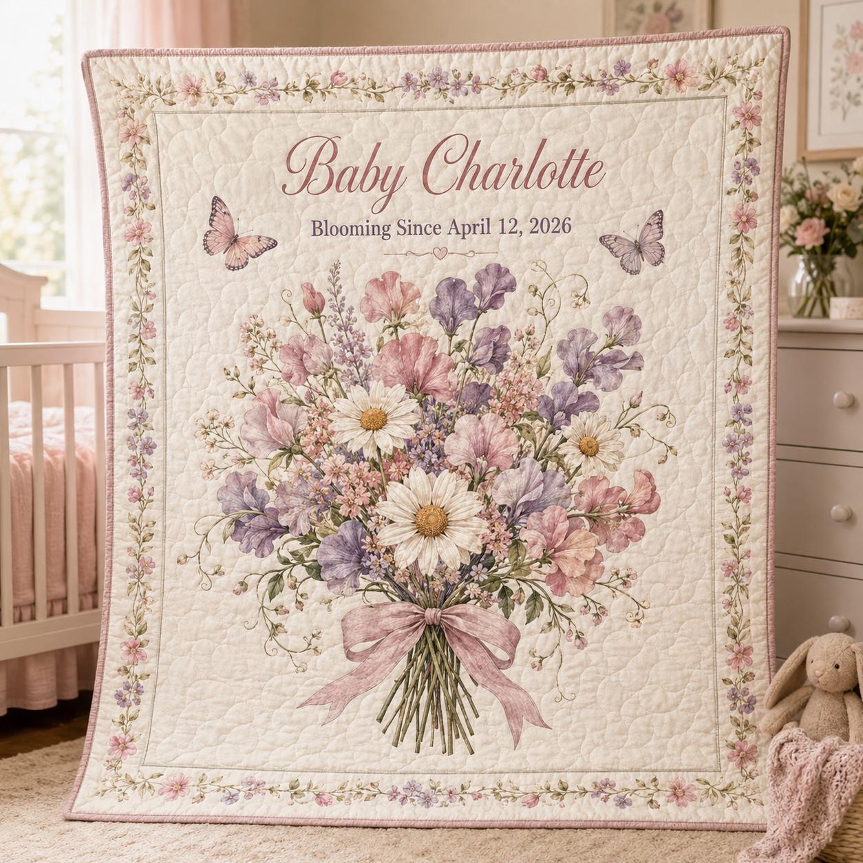 Personalized Baby Girl Quilt Blanket – Floral Birth Announcement Blanket and Custom Name Date Nursery Decor with Newborn Shower Gift