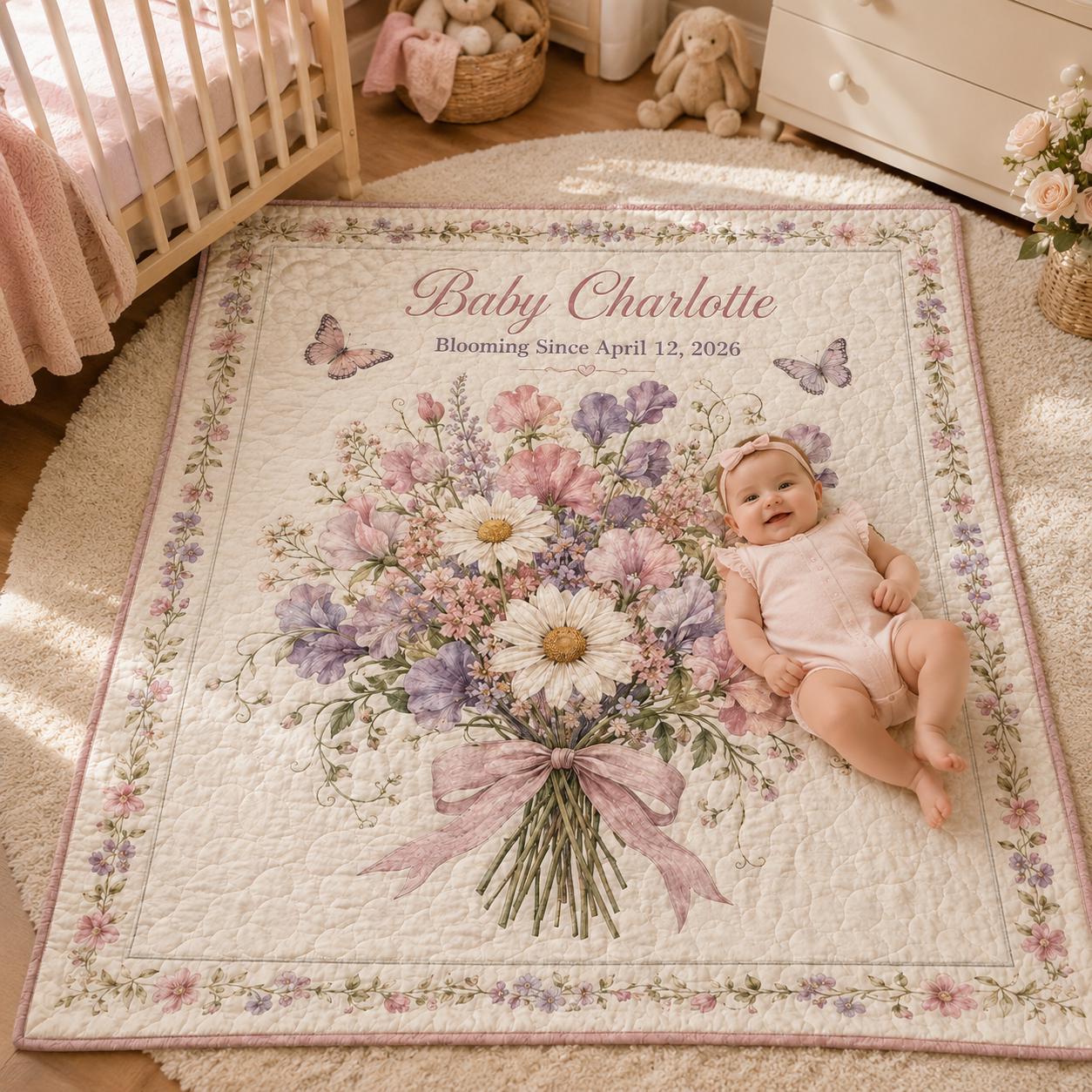 Personalized Baby Girl Quilt Blanket – Floral Birth Announcement Blanket and Custom Name Date Nursery Decor with Newborn Shower Gift - photo 2