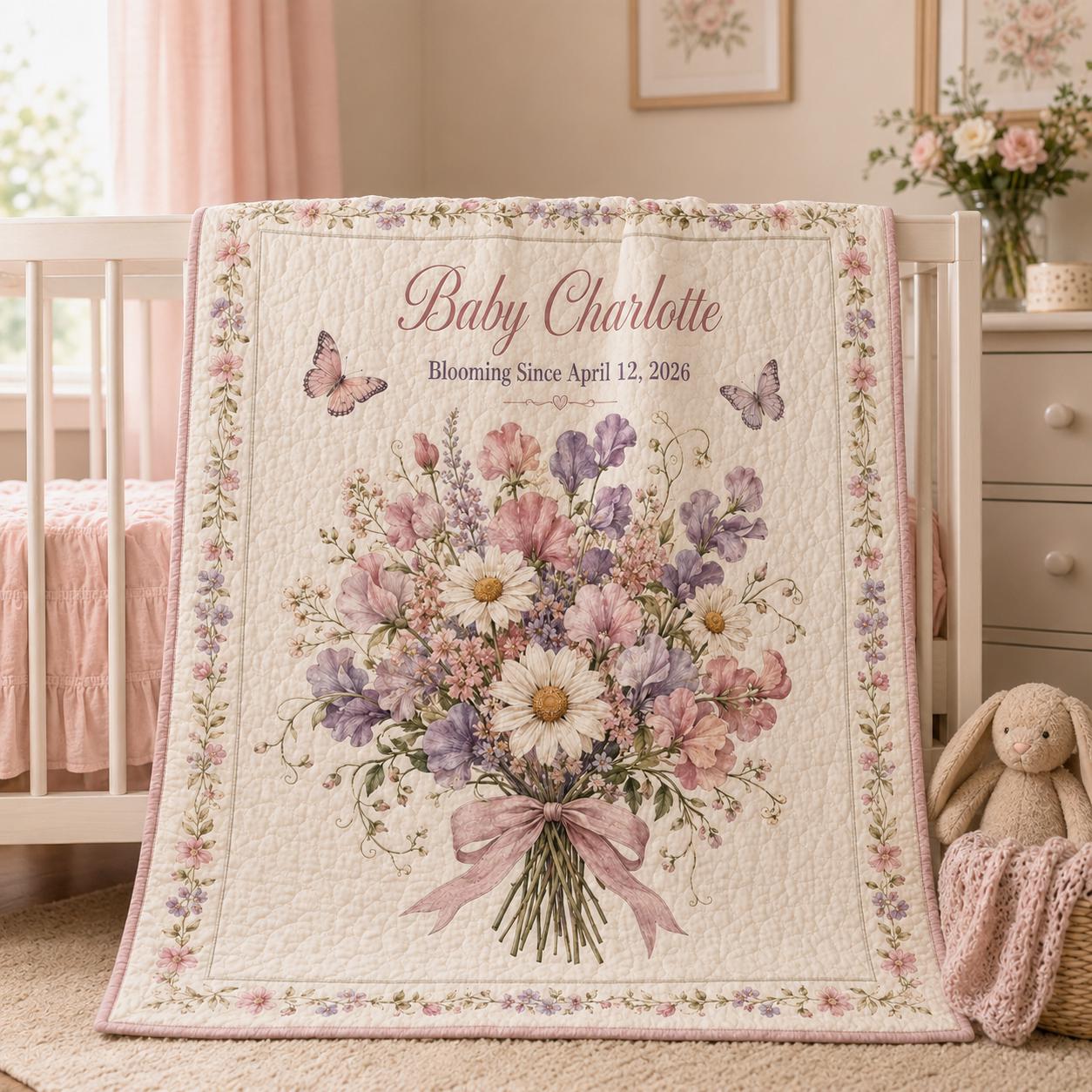 Personalized Baby Girl Quilt Blanket – Floral Birth Announcement Blanket and Custom Name Date Nursery Decor with Newborn Shower Gift - photo 3