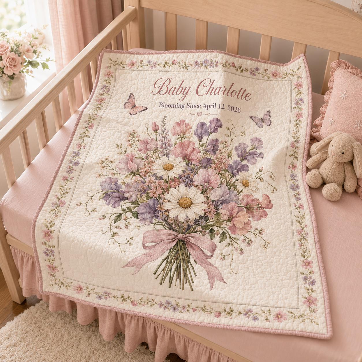 Personalized Baby Girl Quilt Blanket – Floral Birth Announcement Blanket and Custom Name Date Nursery Decor with Newborn Shower Gift - photo 4