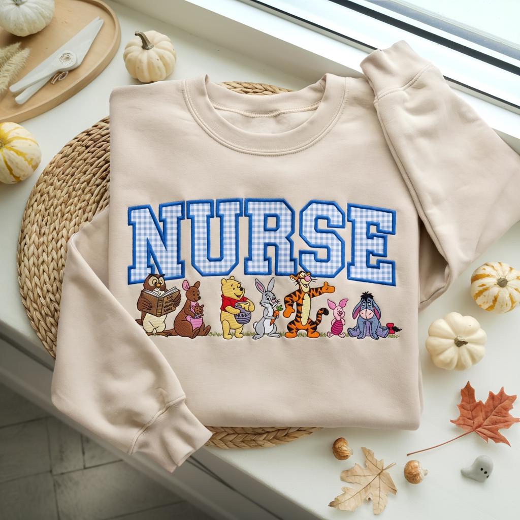 Custom Nurse Varsity Applique Embroidered Sweatshirt With Winnie the Pooh, RN Nurse Crewneck Sweater for Healthcare Worker Gift