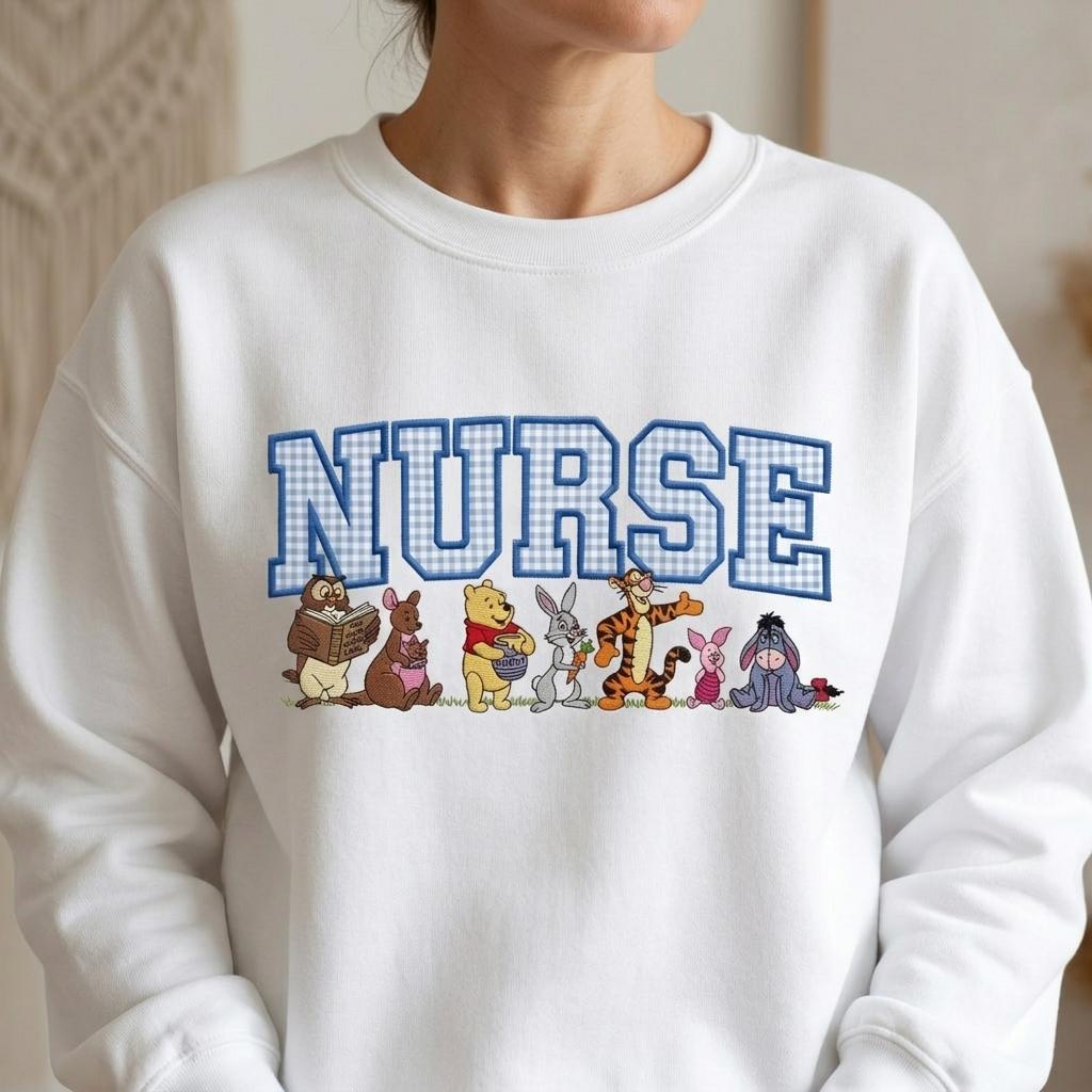 Custom Nurse Varsity Applique Embroidered Sweatshirt With Winnie the Pooh, RN Nurse Crewneck Sweater for Healthcare Worker Gift - photo 2