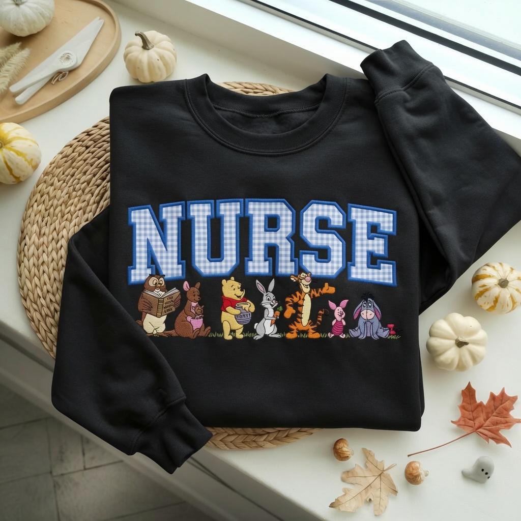 Custom Nurse Varsity Applique Embroidered Sweatshirt With Winnie the Pooh, RN Nurse Crewneck Sweater for Healthcare Worker Gift - photo 3