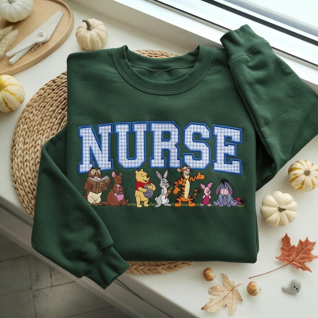 Custom Nurse Varsity Applique Embroidered Sweatshirt With Winnie the Pooh, RN Nurse Crewneck Sweater for Healthcare Worker Gift