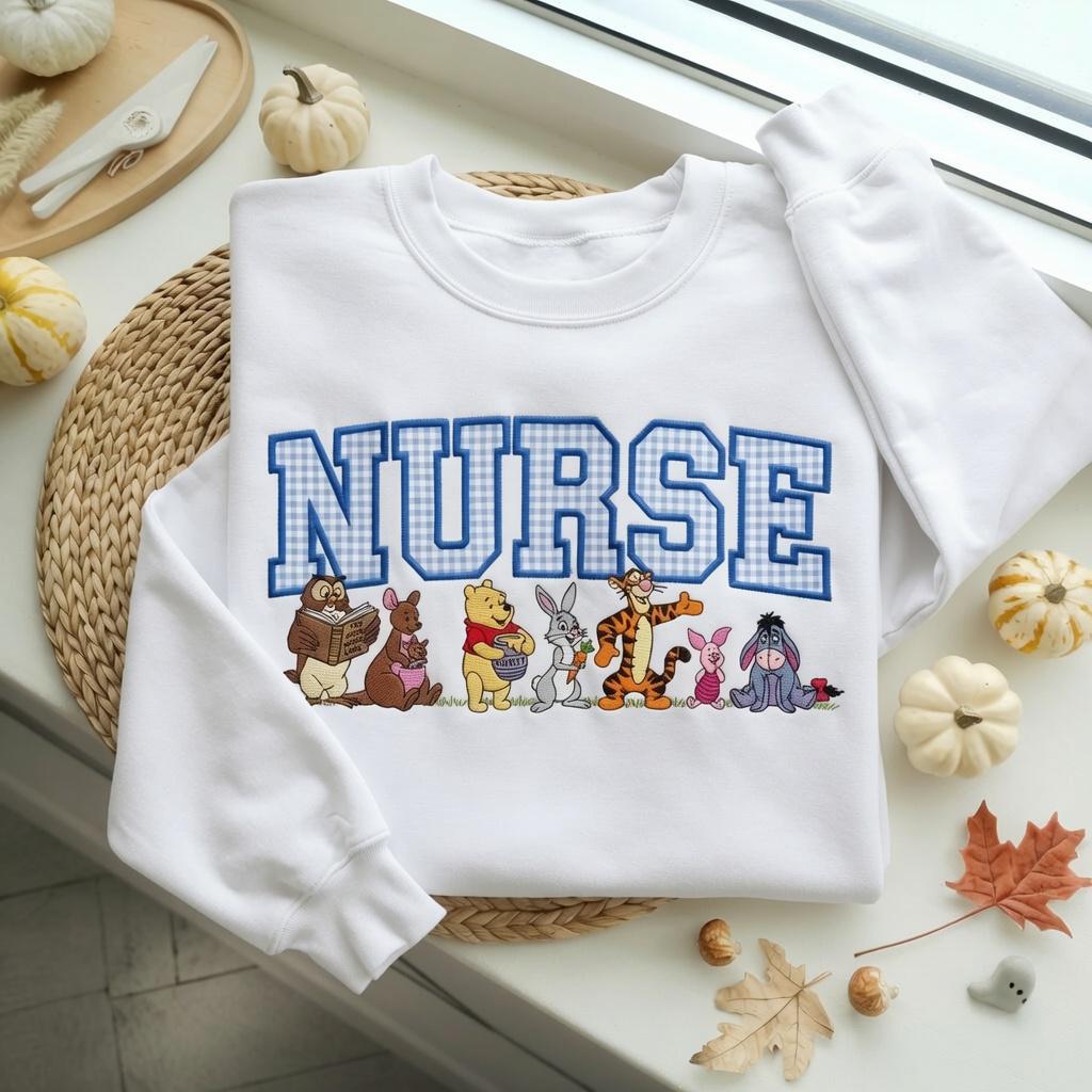 Custom Nurse Varsity Applique Embroidered Sweatshirt With Winnie the Pooh, RN Nurse Crewneck Sweater for Healthcare Worker Gift - photo 5