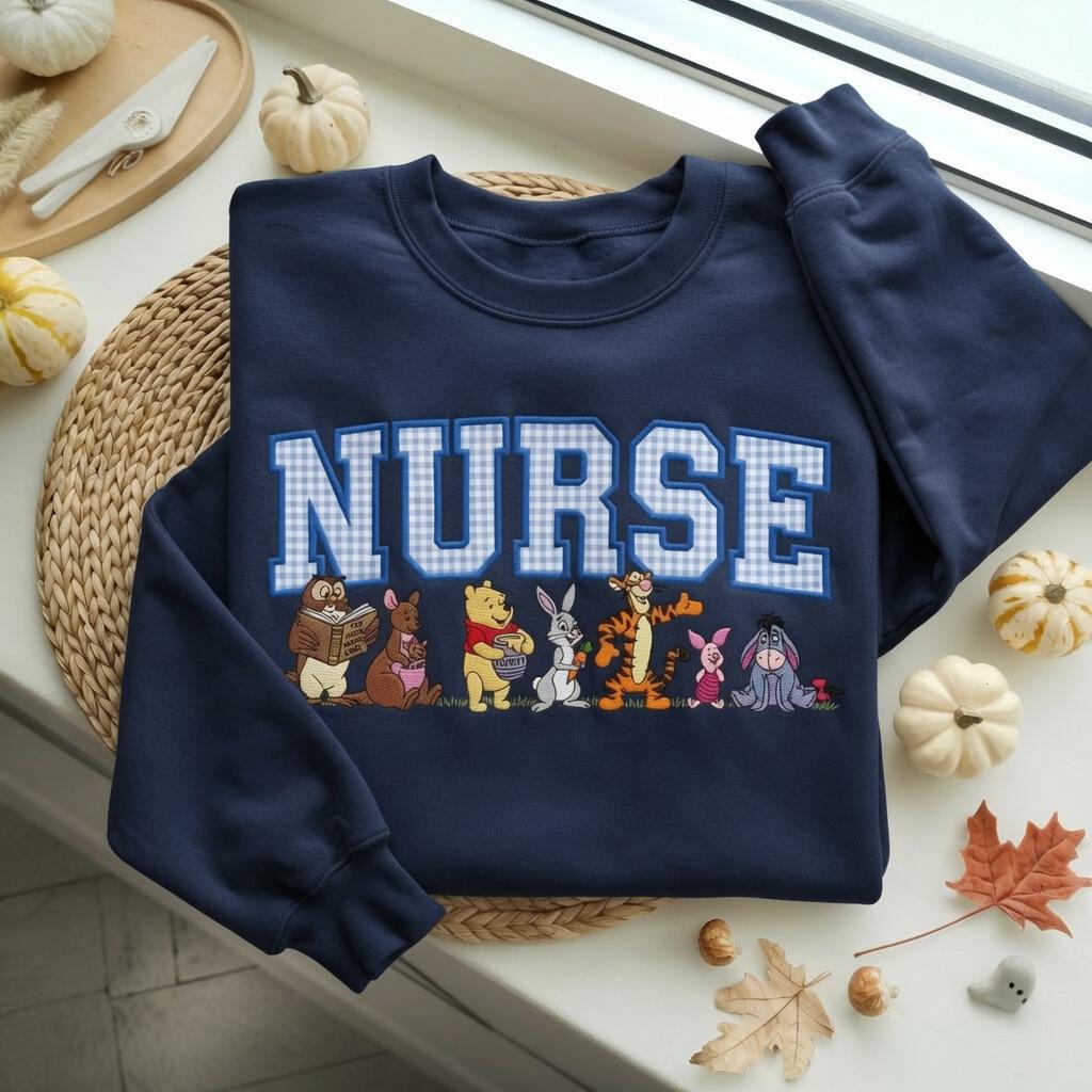 Custom Nurse Varsity Applique Embroidered Sweatshirt With Winnie the Pooh, RN Nurse Crewneck Sweater for Healthcare Worker Gift - photo 6