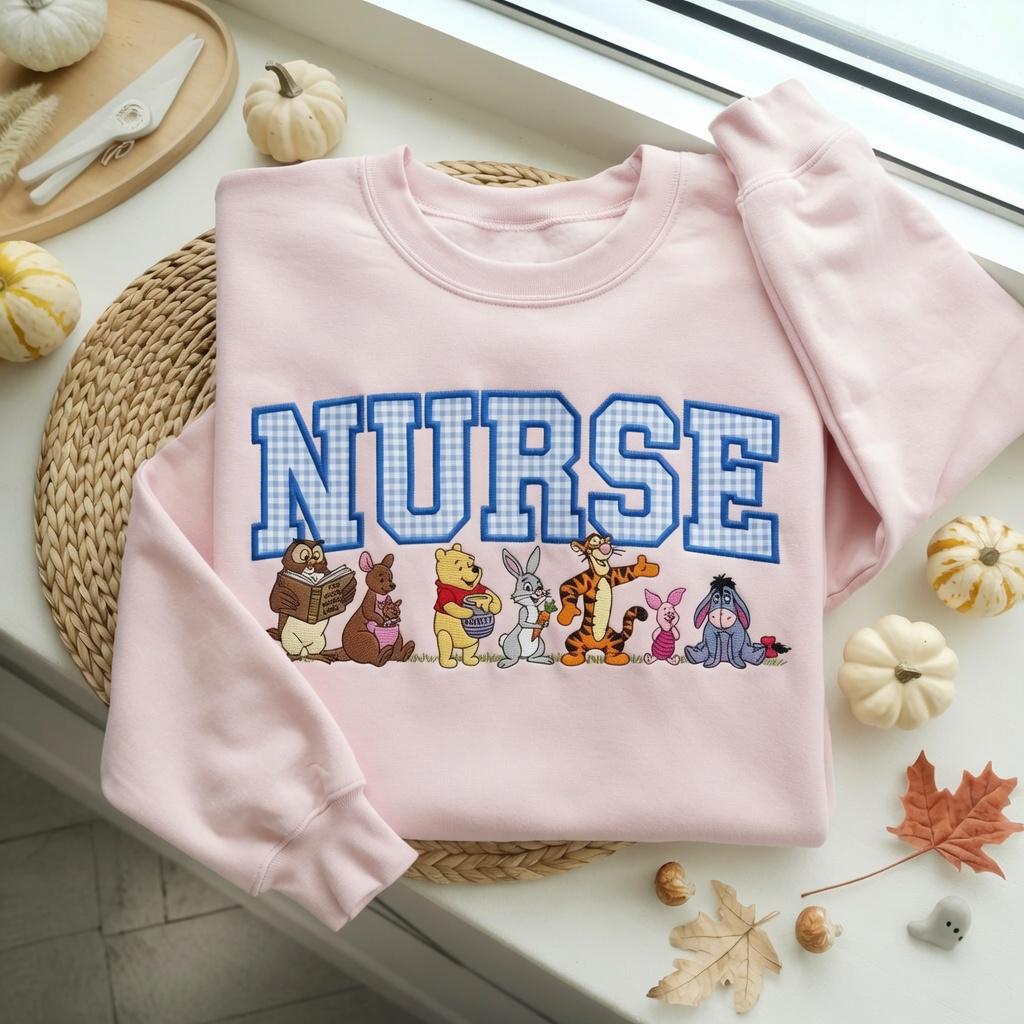 Custom Nurse Varsity Applique Embroidered Sweatshirt With Winnie the Pooh, RN Nurse Crewneck Sweater for Healthcare Worker Gift - photo 7