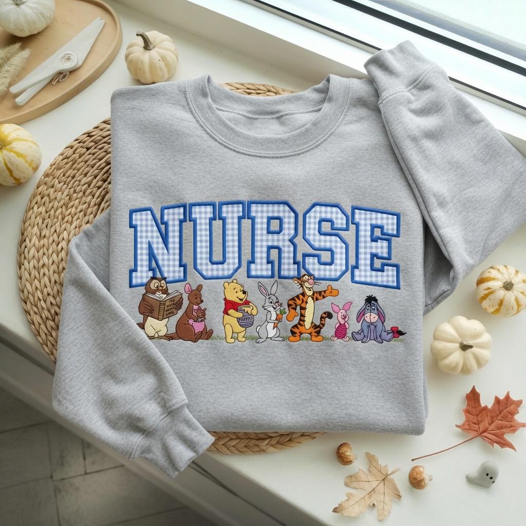 Custom Nurse Varsity Applique Embroidered Sweatshirt With Winnie the Pooh, RN Nurse Crewneck Sweater for Healthcare Worker Gift - photo 8