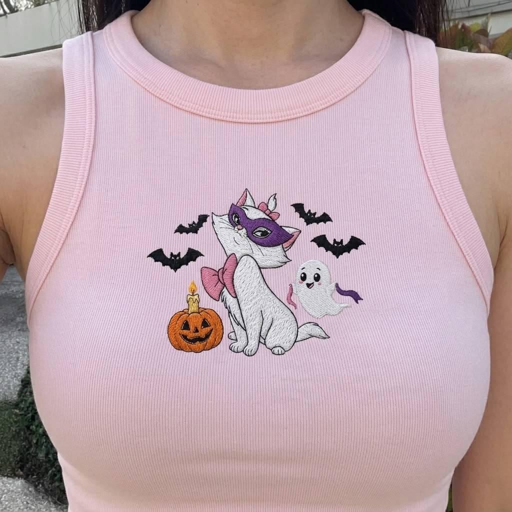 Embroidered Marie the Aristocats Halloween Crop Tank Top With Spooky Kitten for Disney Halloween Park Day Outfit Shirt