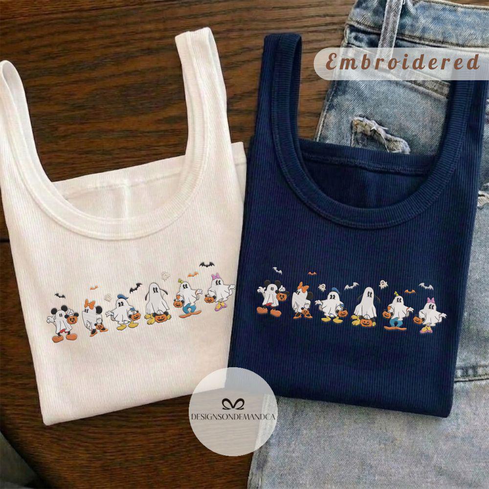 Embroidered Mickey and Friends Spooky Ghost Halloween Boo to You Shirt With Lace Trim Tank Top Baby Tee for WDW Disneyland Trip