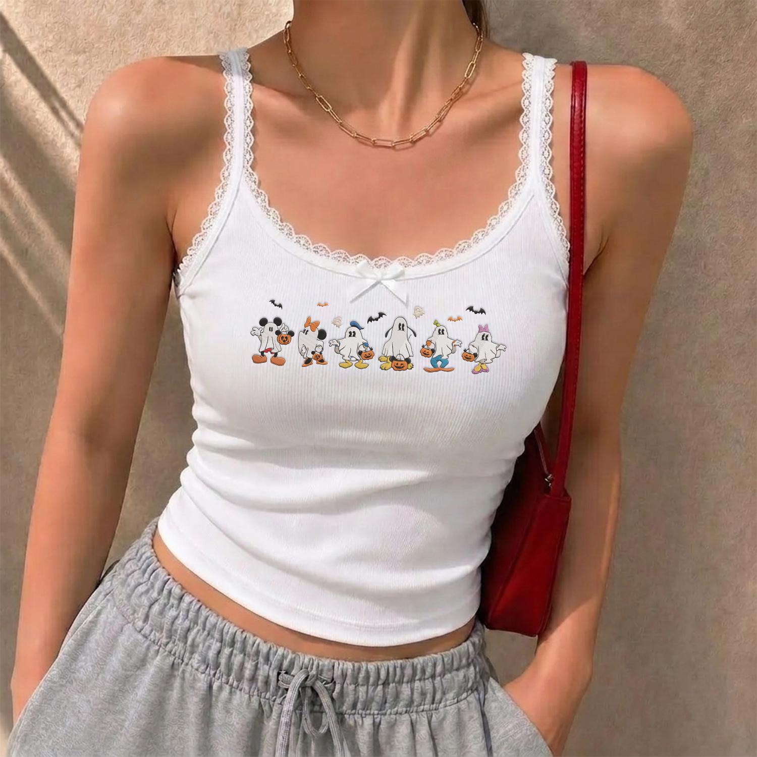 Embroidered Mickey and Friends Spooky Ghost Halloween Boo to You Shirt With Lace Trim Tank Top Baby Tee for WDW Disneyland Trip - photo 3