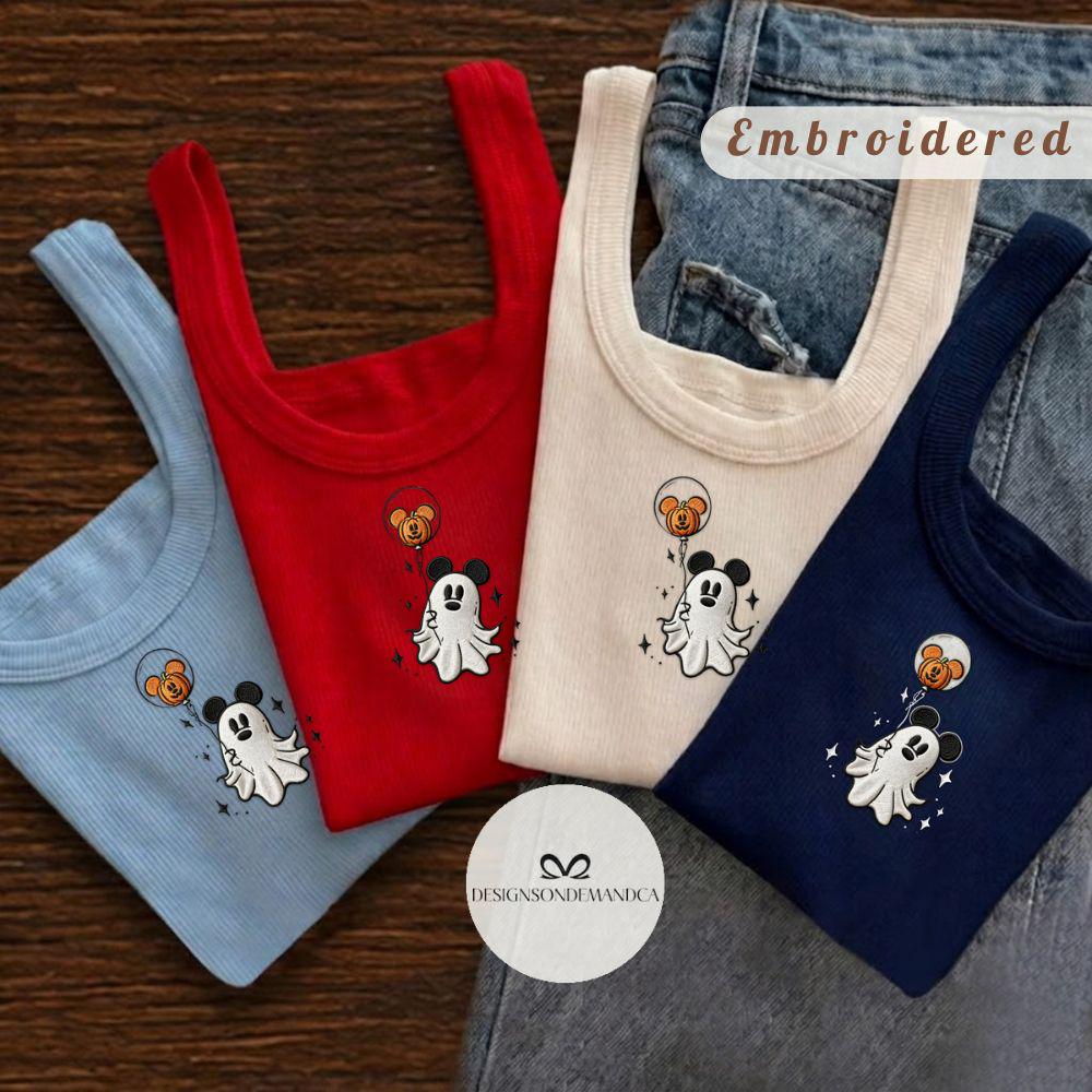 Embroidered Mickey Spooky Ghost Halloween Shirt With Pumpkin Balloon Lace Trim Tank Top Baby Tee for WDW Disneyland Trip