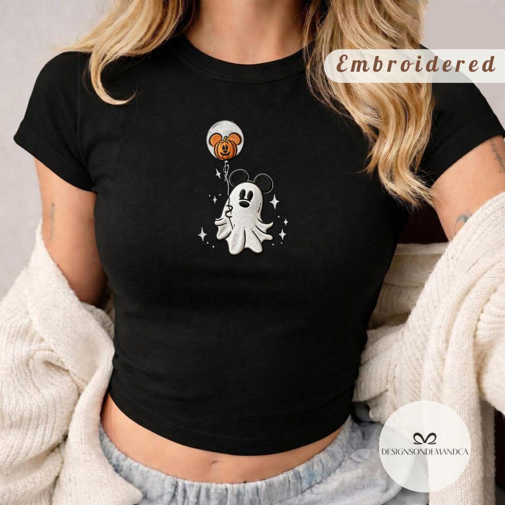 Embroidered Mickey Spooky Ghost Halloween Shirt With Pumpkin Balloon Lace Trim Tank Top Baby Tee for WDW Disneyland Trip - photo 2
